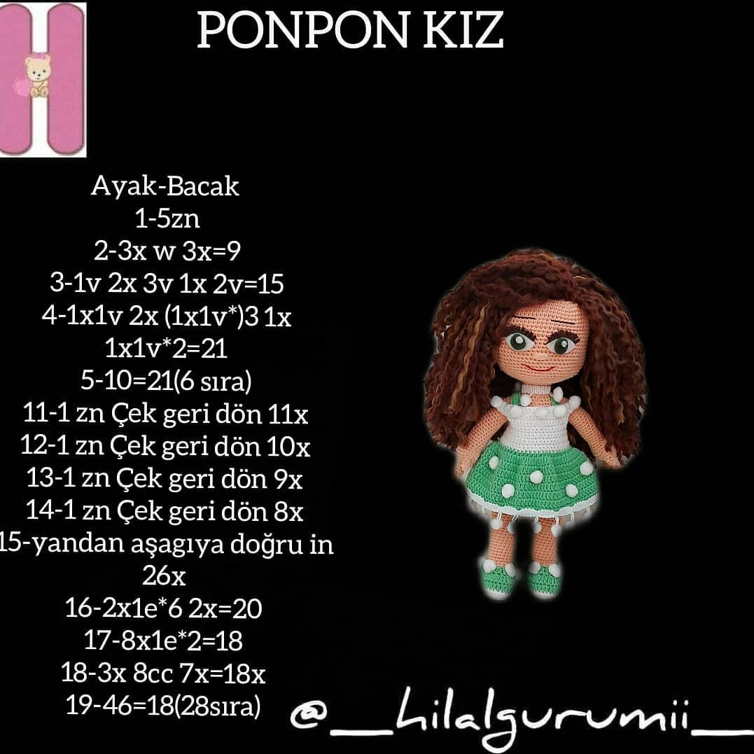 PONPON KIZ Amigurumi Pattern: Crochet Doll with Green Dress and Pom-Poms
