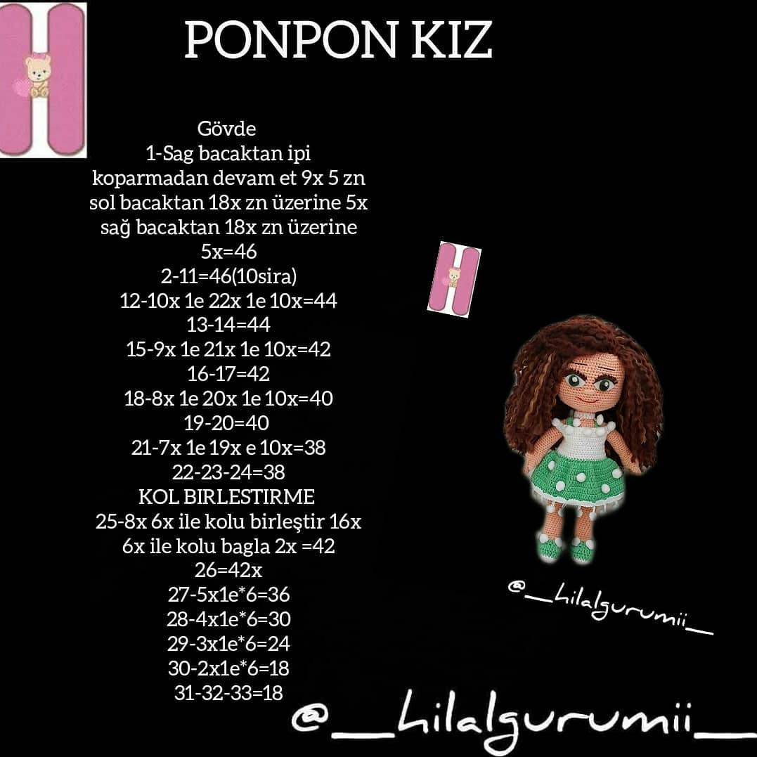 PONPON KIZ Amigurumi Pattern: Crochet Doll with Green Dress and Pom-Poms
