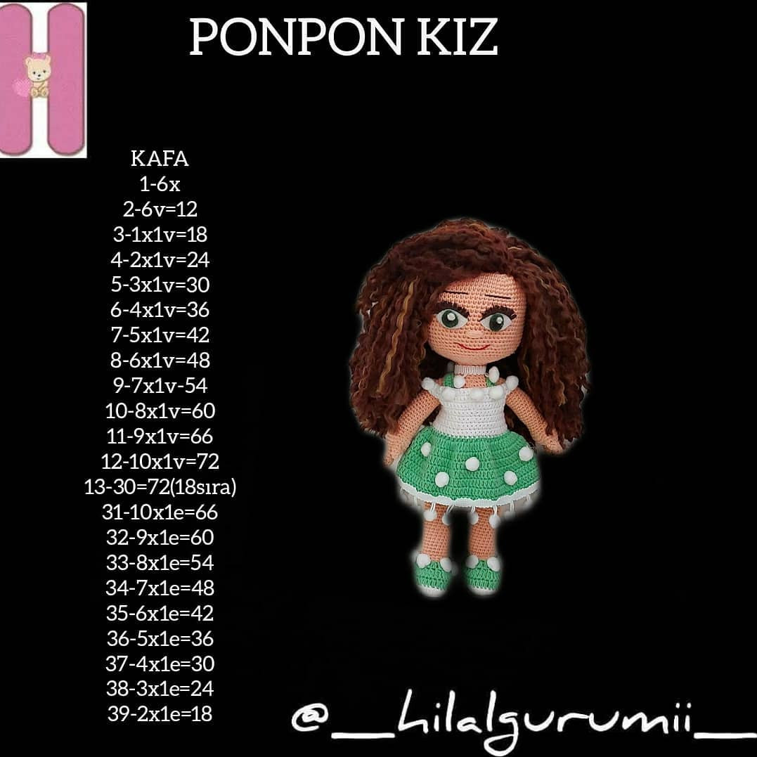 PONPON KIZ Amigurumi Pattern: Crochet Doll with Green Dress and Pom-Poms