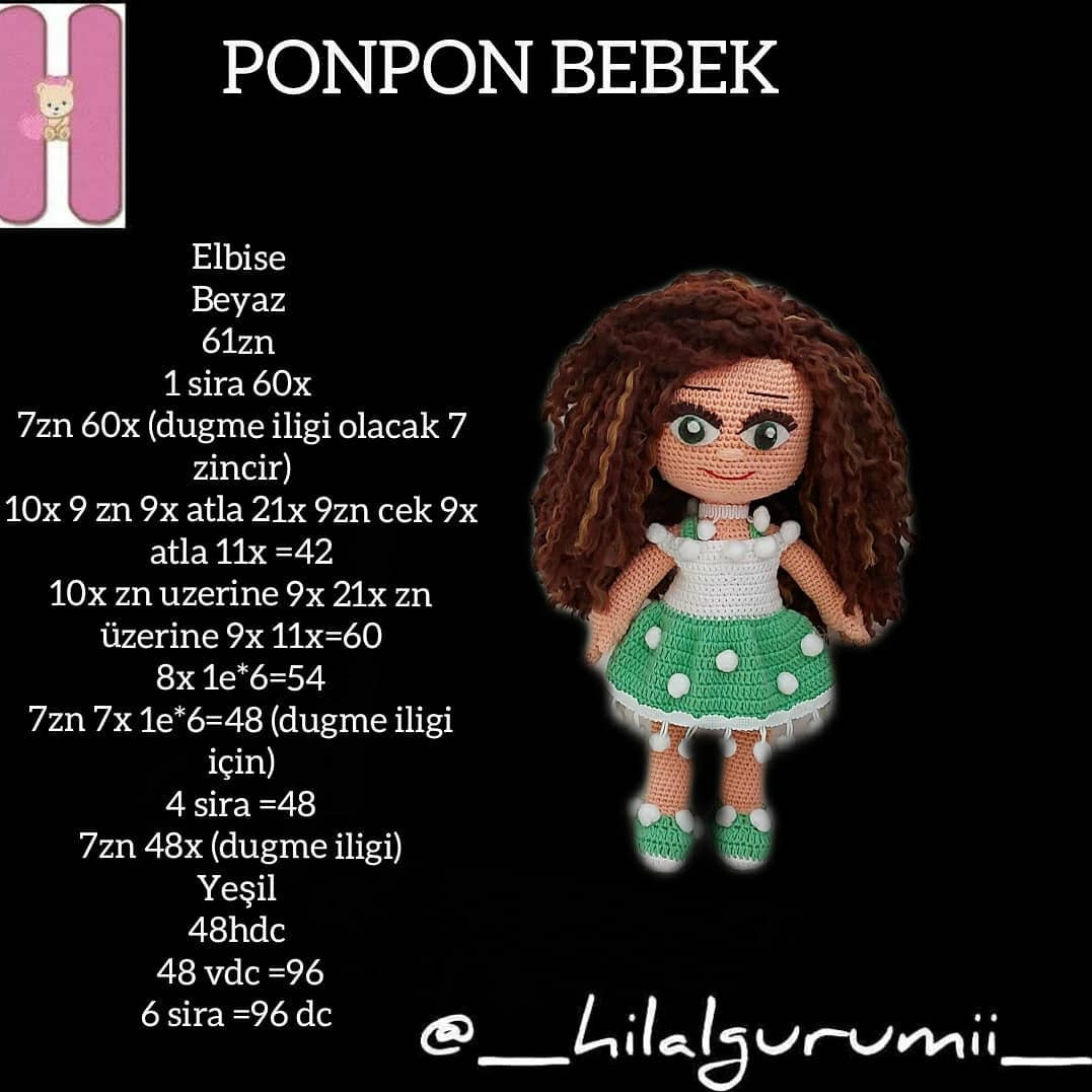 PONPON KIZ Amigurumi Pattern: Crochet Doll with Green Dress and Pom-Poms