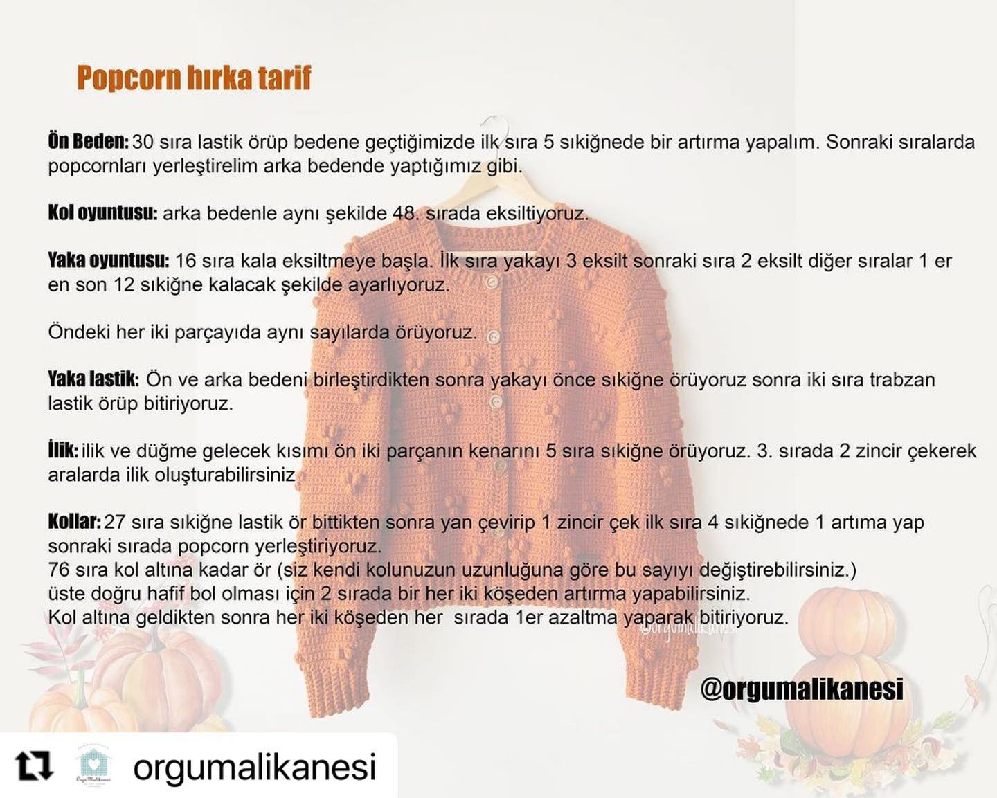 Popcorn hırka tarif - Móc áo len màu cam với họa tiết popcorn