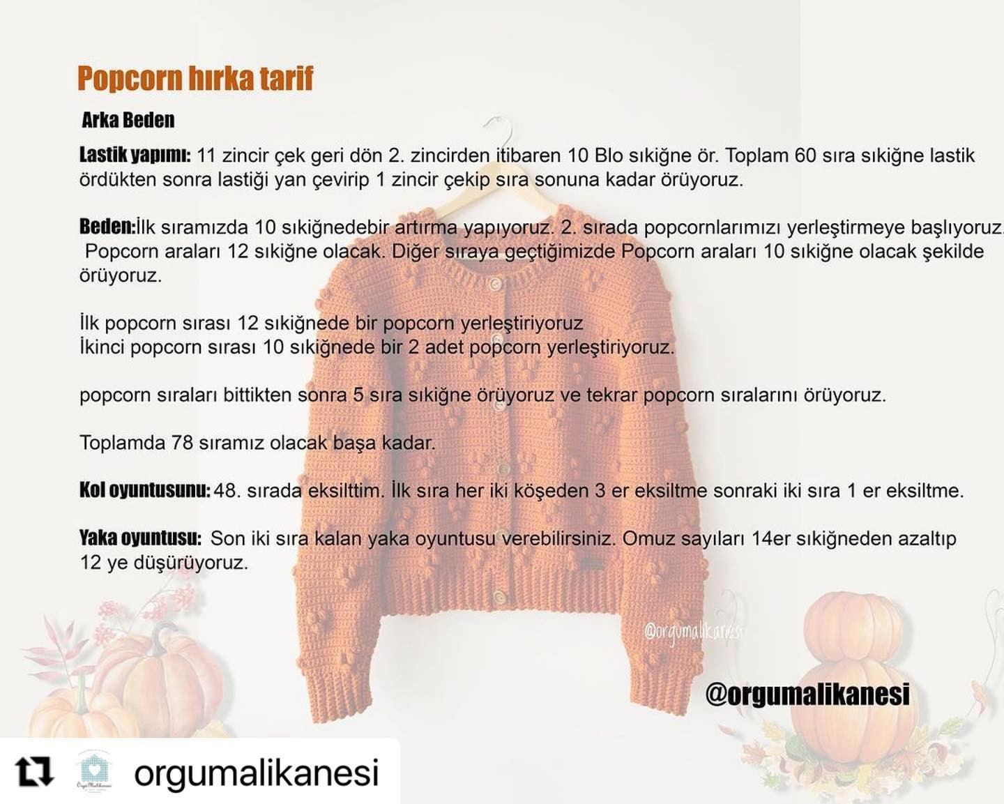 Popcorn hırka tarif - Móc áo len màu cam với họa tiết popcorn