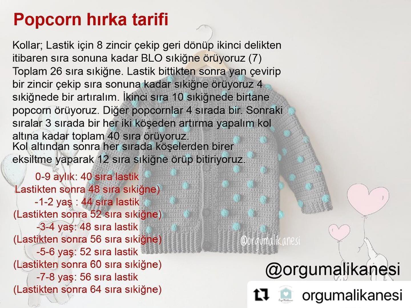 Popcorn hırka tarifi - Móc áo len hạt bắp cho bé với hướng dẫn chi tiết