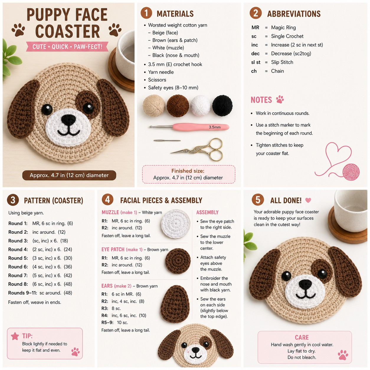 Puppy Face Coaster Crochet Pattern Chart