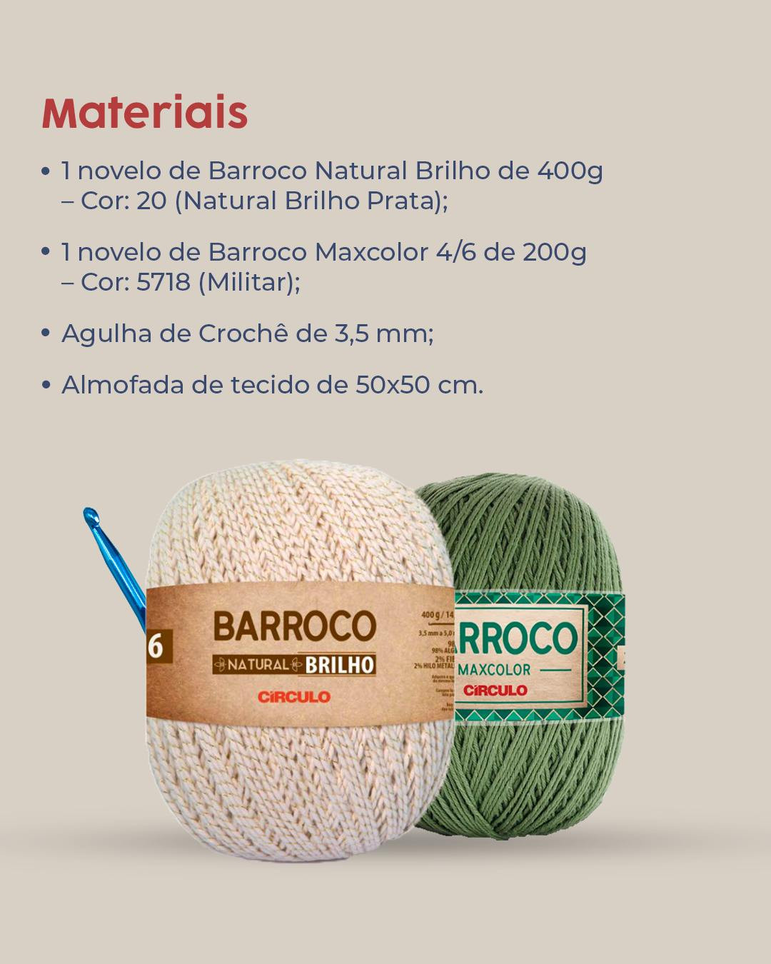 Receita de Almofada Natureza: Padrão Móc Len Geométrico Verde e Bege com Fio Barroco