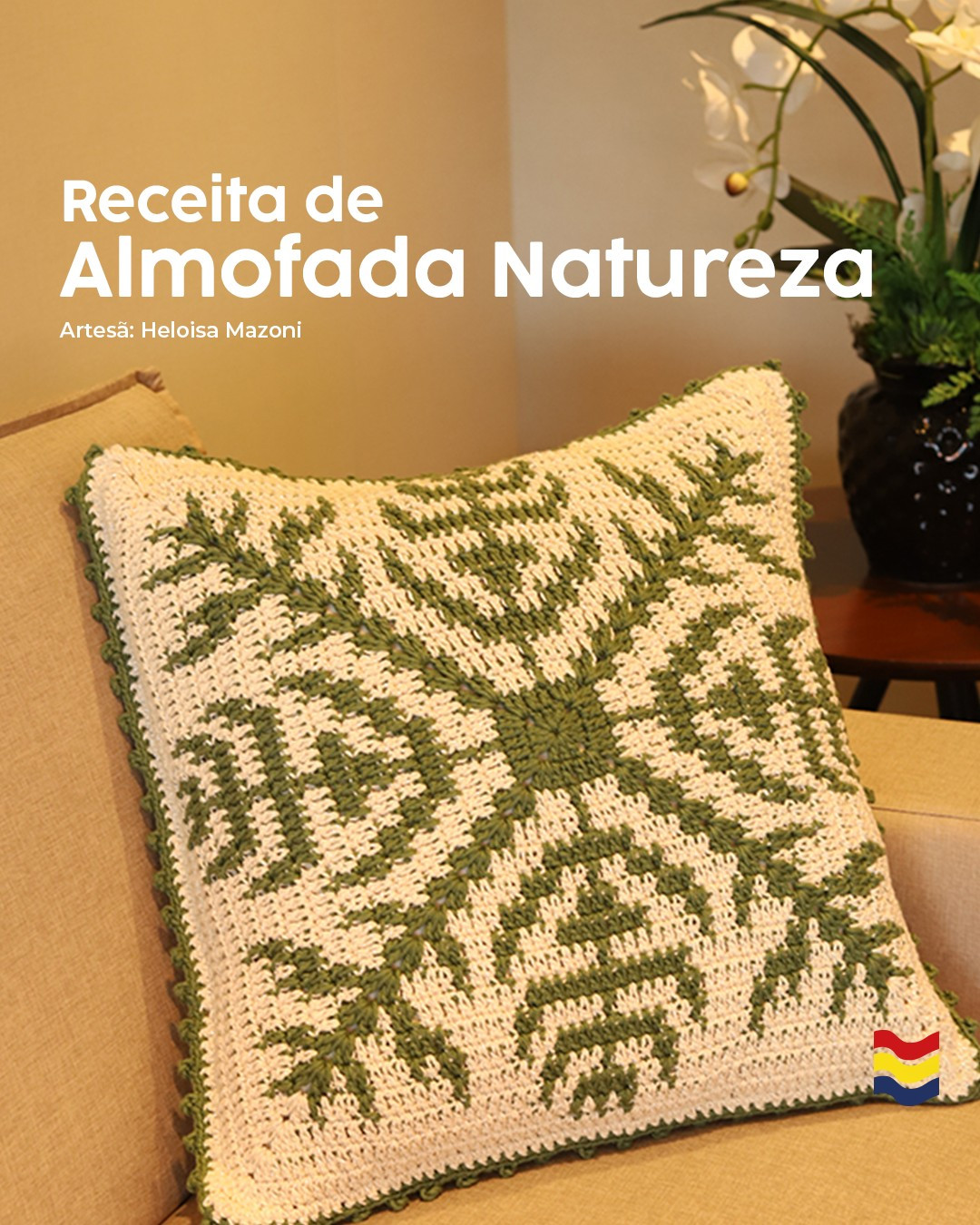 Receita de Almofada Natureza: Padrão Móc Len Geométrico Verde e Bege com Fio Barroco