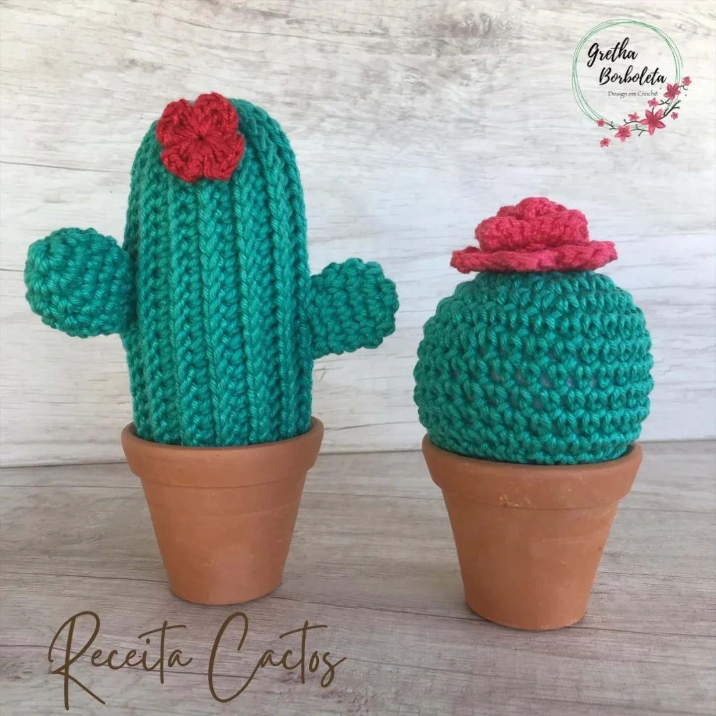 Receita de Crochê: Cactos Decorativos com Flores Vermelhas em Vasinhos de Cerâmica