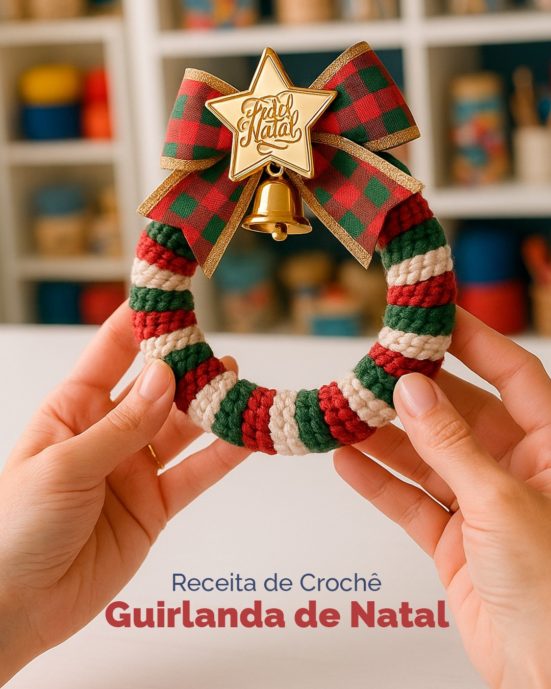 Receita de Crochê: Guirlanda de Natal com laço e sino dourado