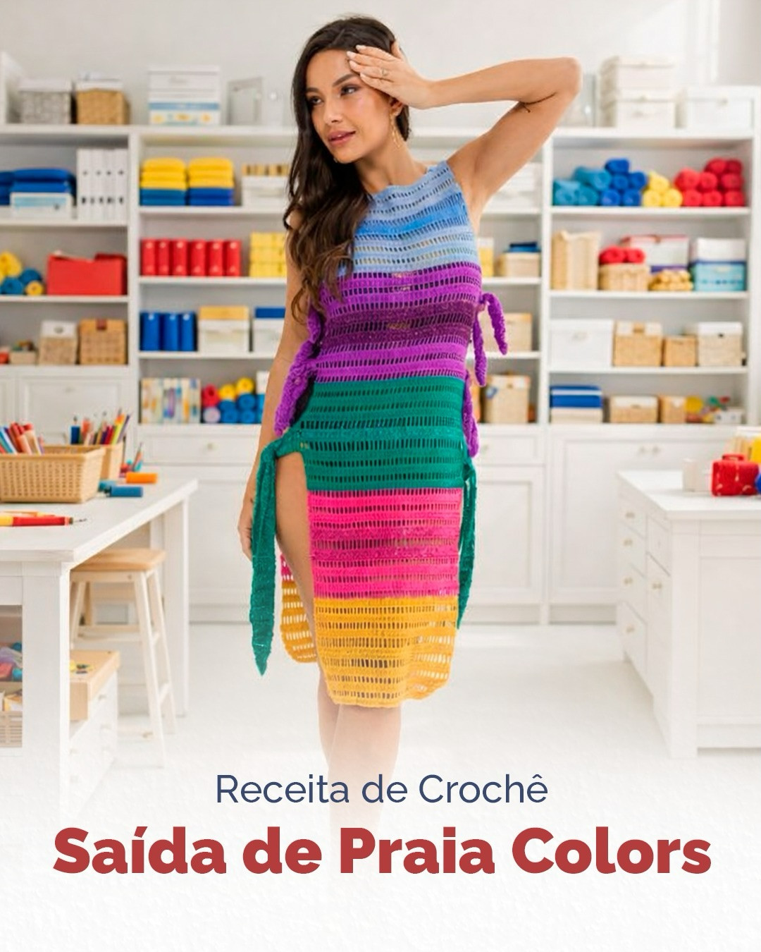 Receita de Crochê Saída de Praia Colors - Vestido Colorido Multicolor com Faixas Laterais