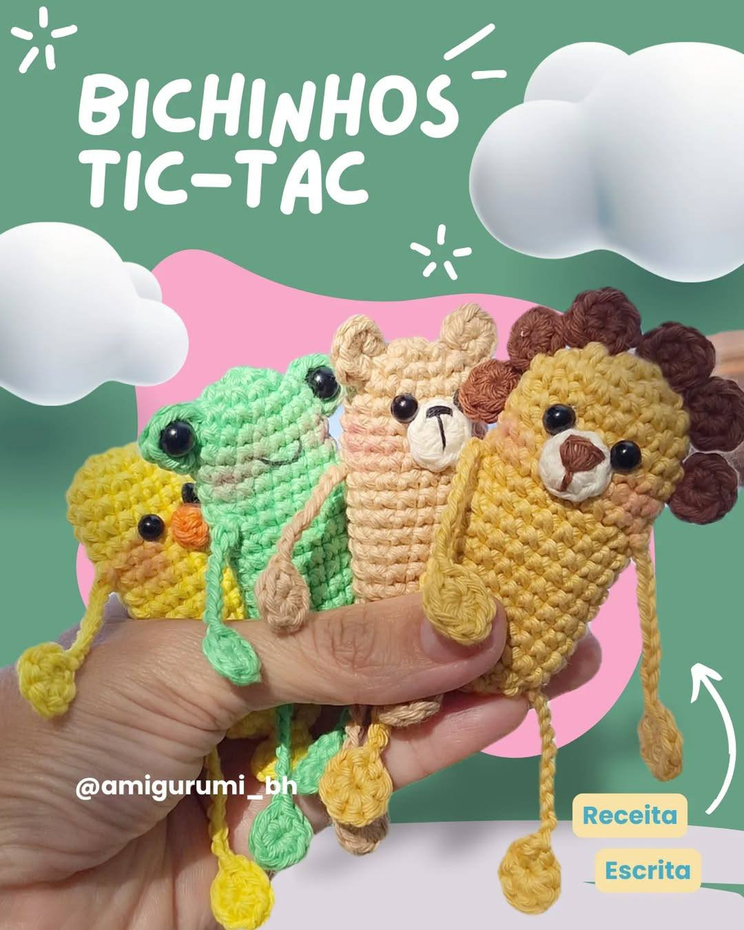 Receita Escrita Passo a Passo: Bichinhos Tic-Tac Sensoriais em Amigurumi (Patinho, Zebrinha, Porquinho, Leão, Ursinho) - Fio Natural Algodão