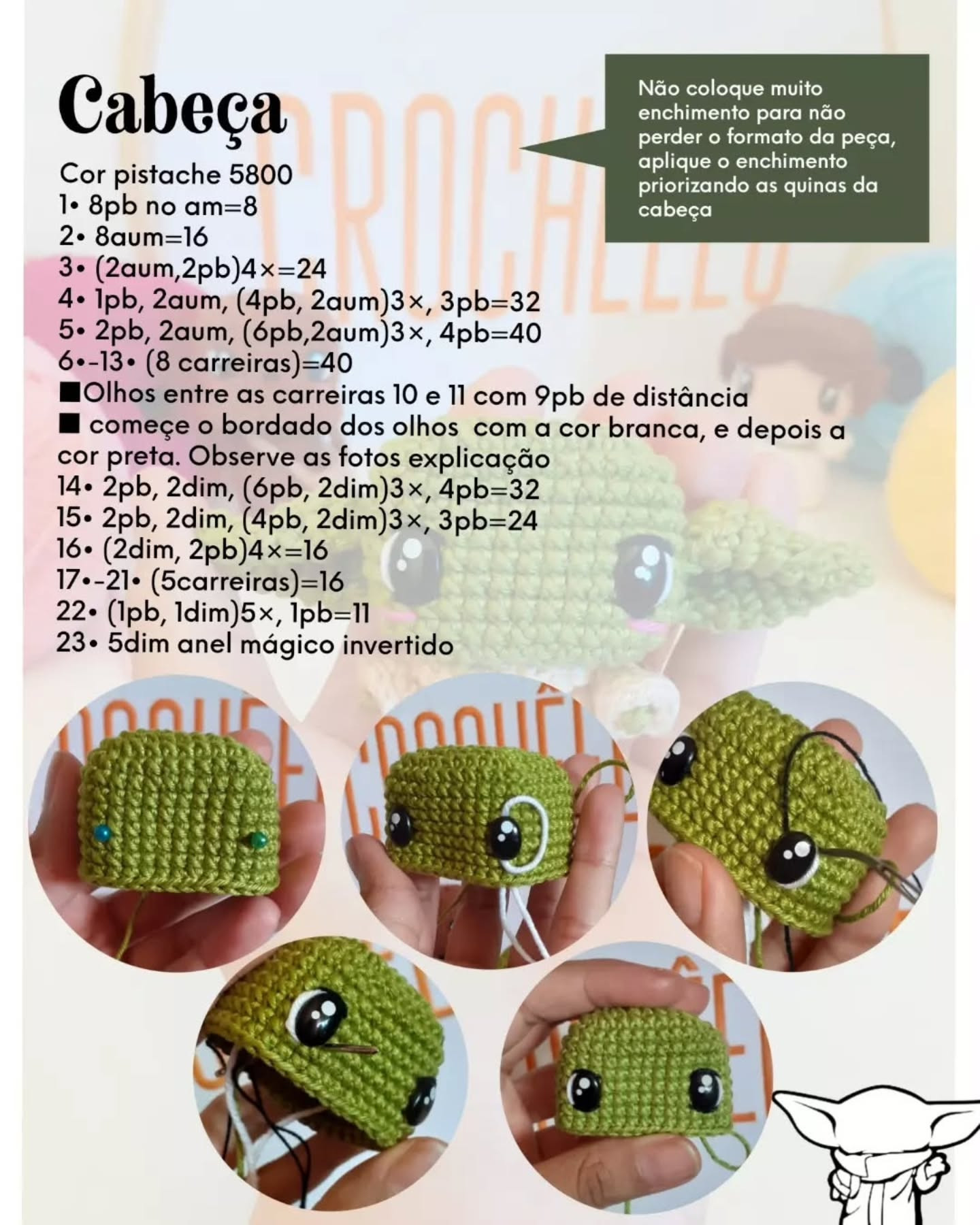 Receita grátis amigurumi Yoda: Guia completo de materiais e passo a passo para fazer o personagem verde Star Wars