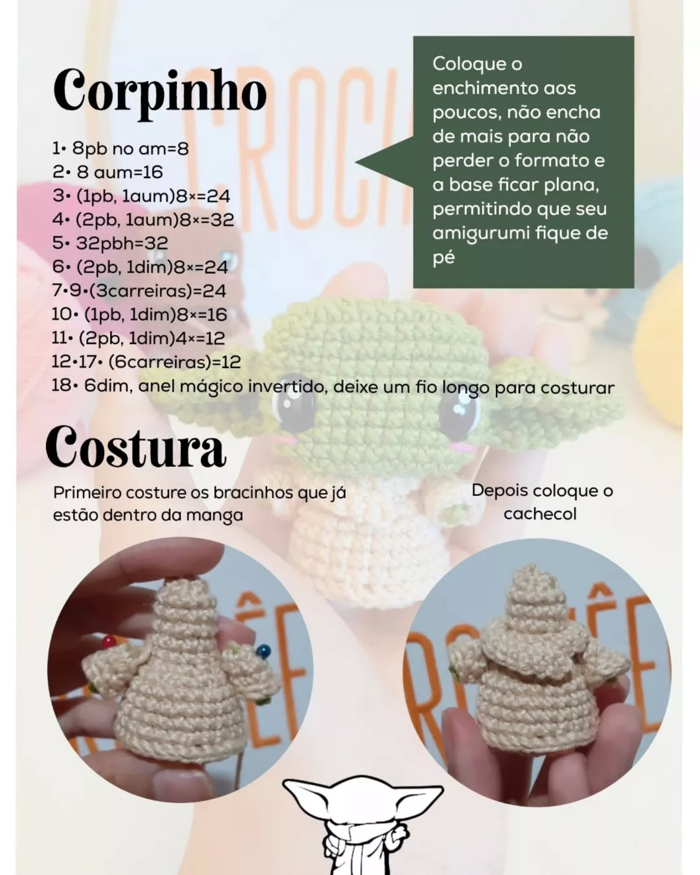 Receita grátis amigurumi Yoda: Guia completo de materiais e passo a passo para fazer o personagem verde Star Wars