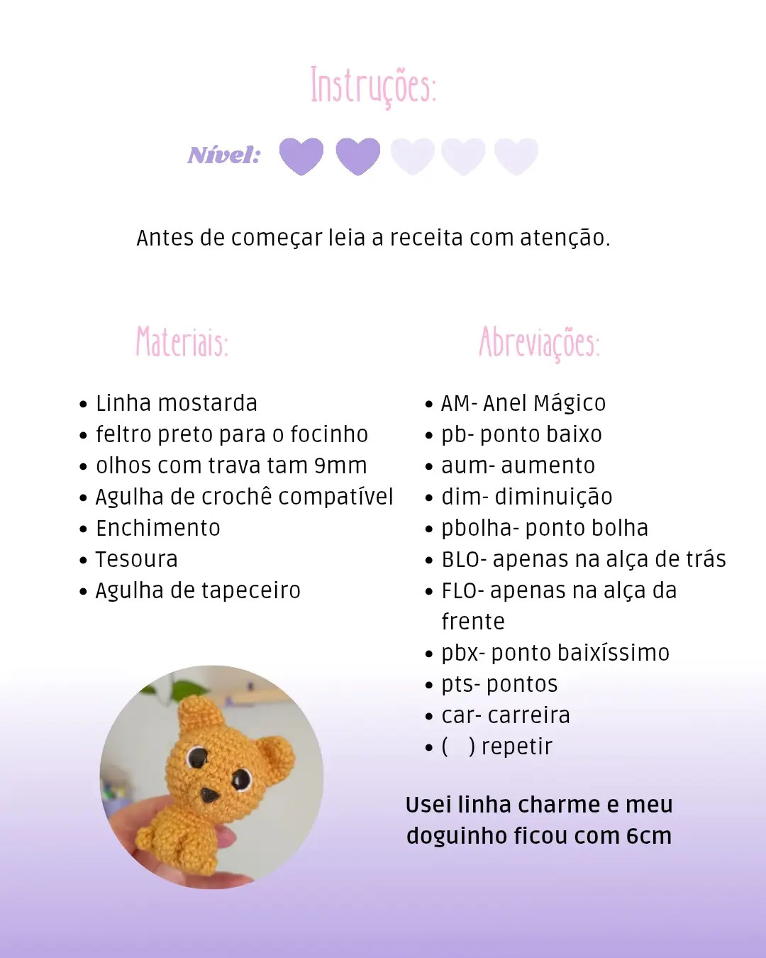 Receita grátis Caramelo - Mini cachorro amigurumi color mostarda, olhos grandes, tutorial passo a passo