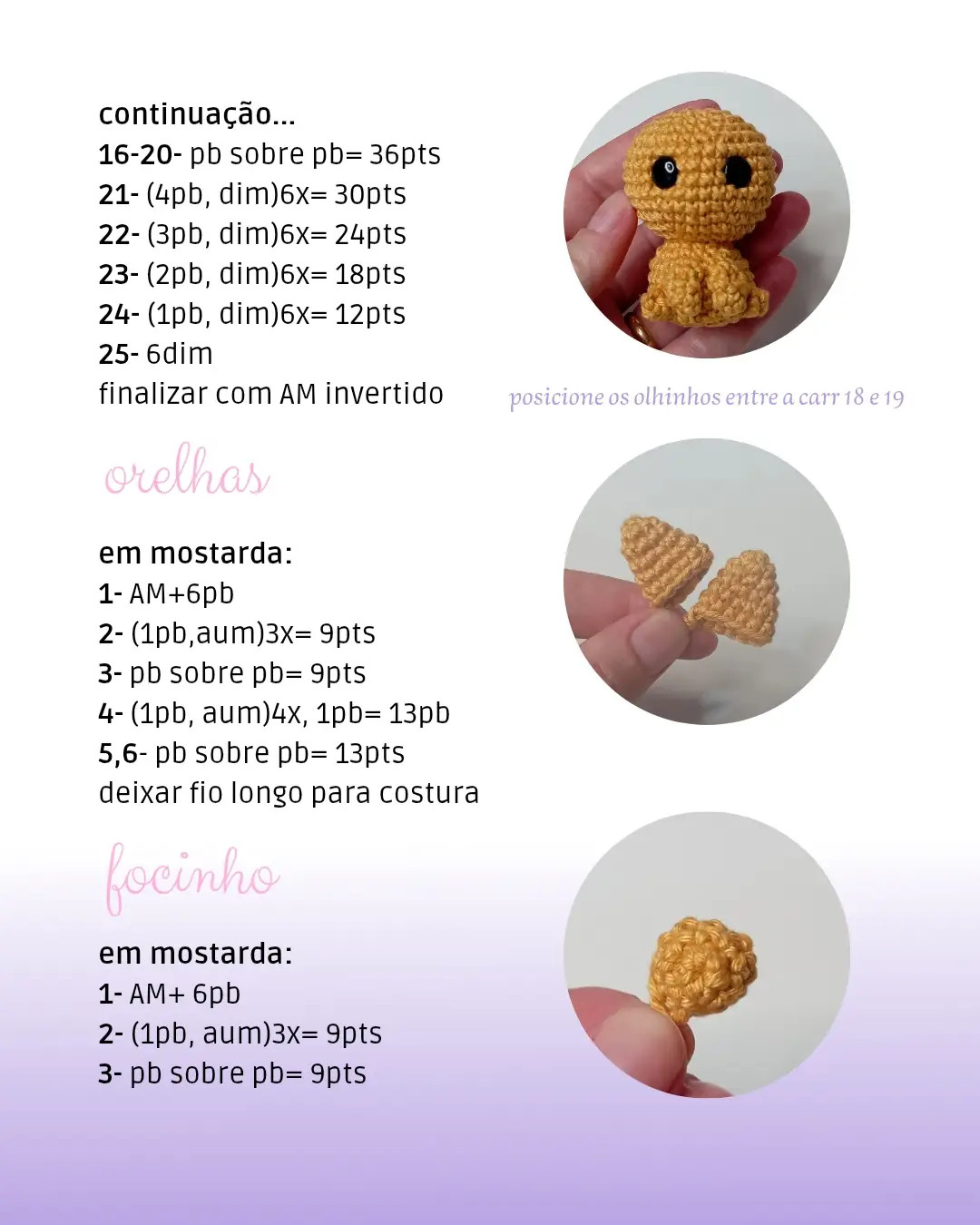 Receita grátis Caramelo - Mini cachorro amigurumi color mostarda, olhos grandes, tutorial passo a passo