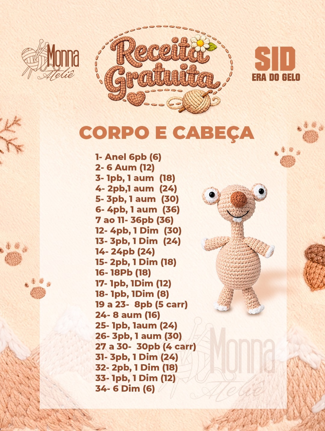 Receita Grátis de Amigurumi Sid Era do Gelo