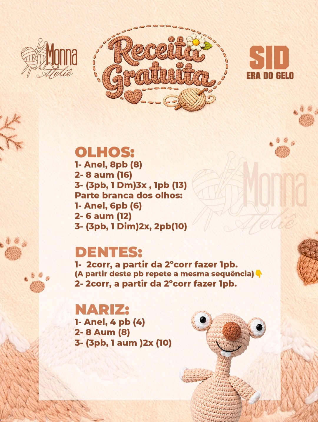 Receita Grátis de Amigurumi Sid Era do Gelo