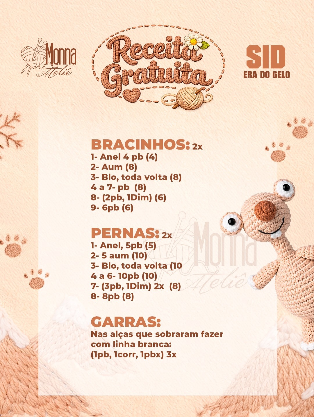 Receita Grátis de Amigurumi Sid Era do Gelo