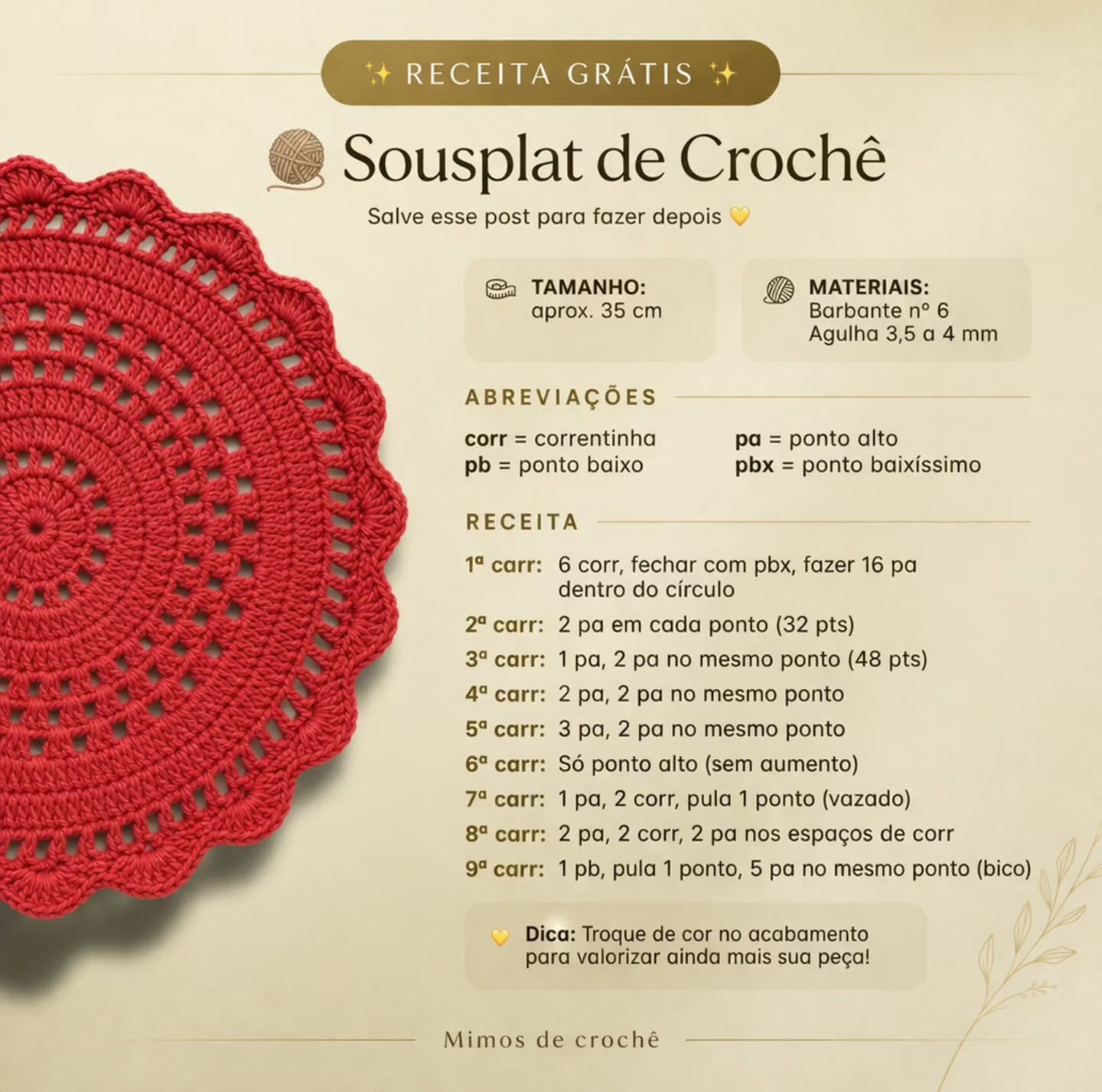 Receita Grátis de Sousplat de Crochê Vermelho