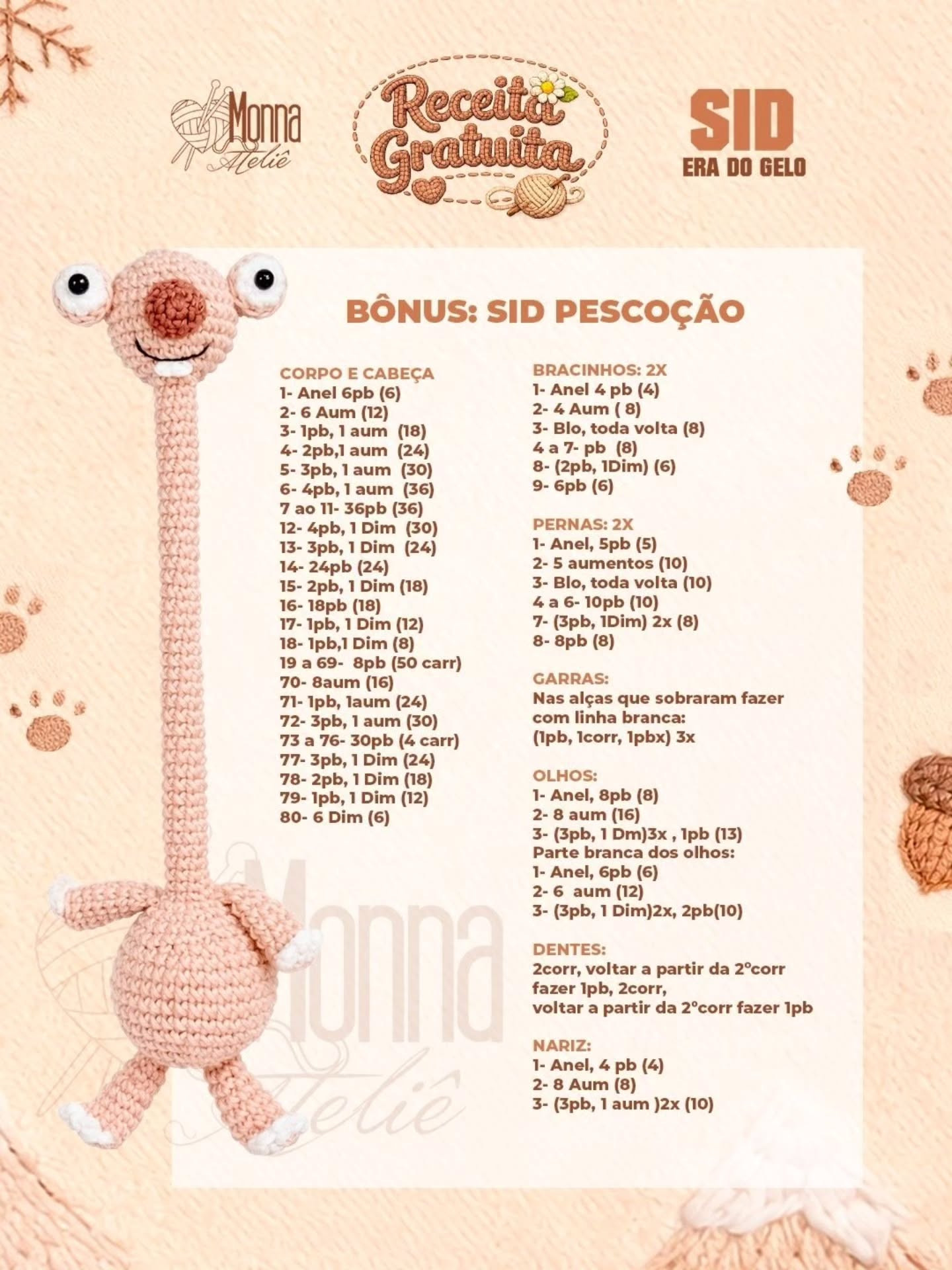 Receita Grátis: Sid Era do Gelo - Bônus Sid Pescoção Amigurumi Crochet Pattern