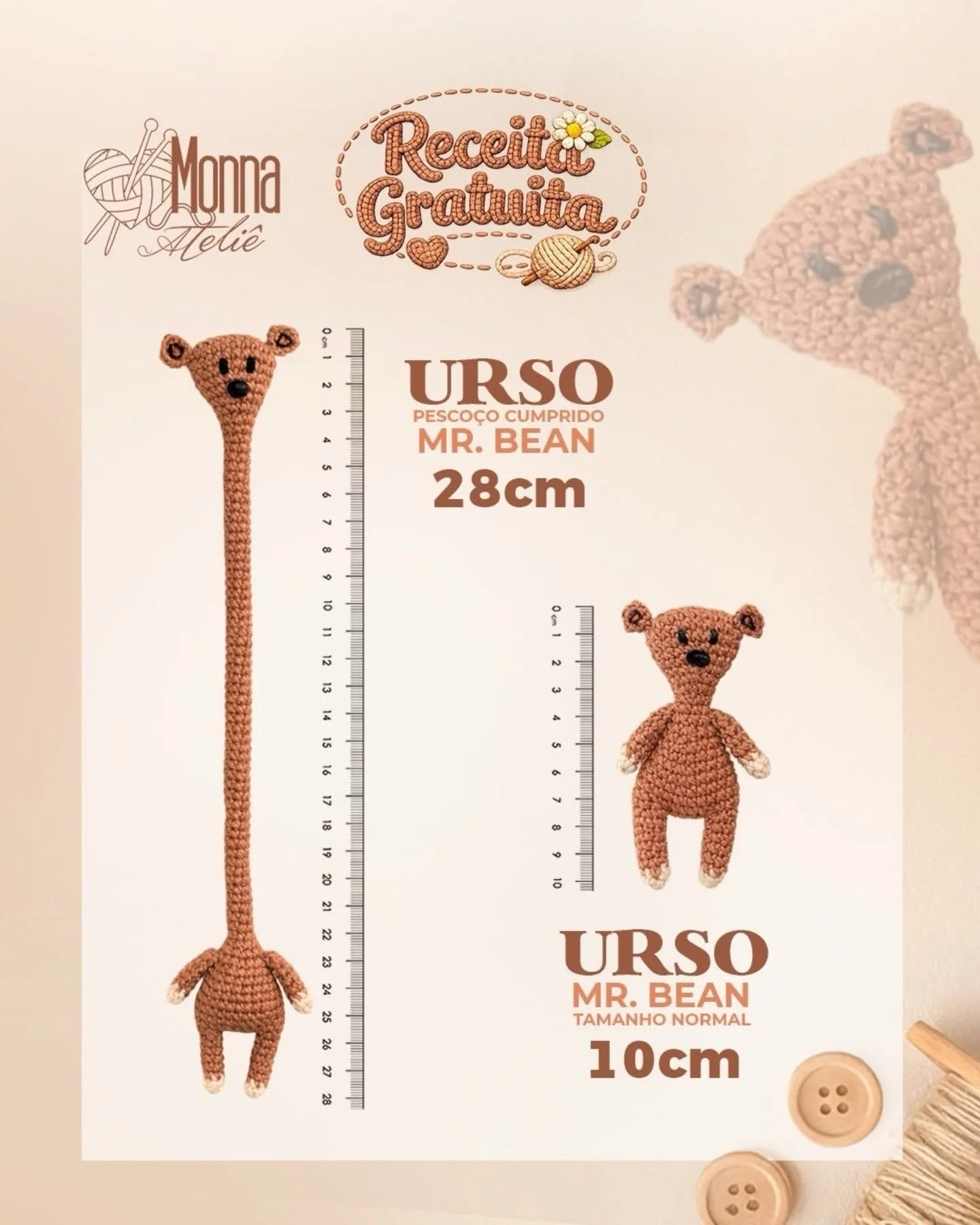 Receita Grátis Urso Mr. Bean Amigurumi - Gấu Cổ Dài Móc Len