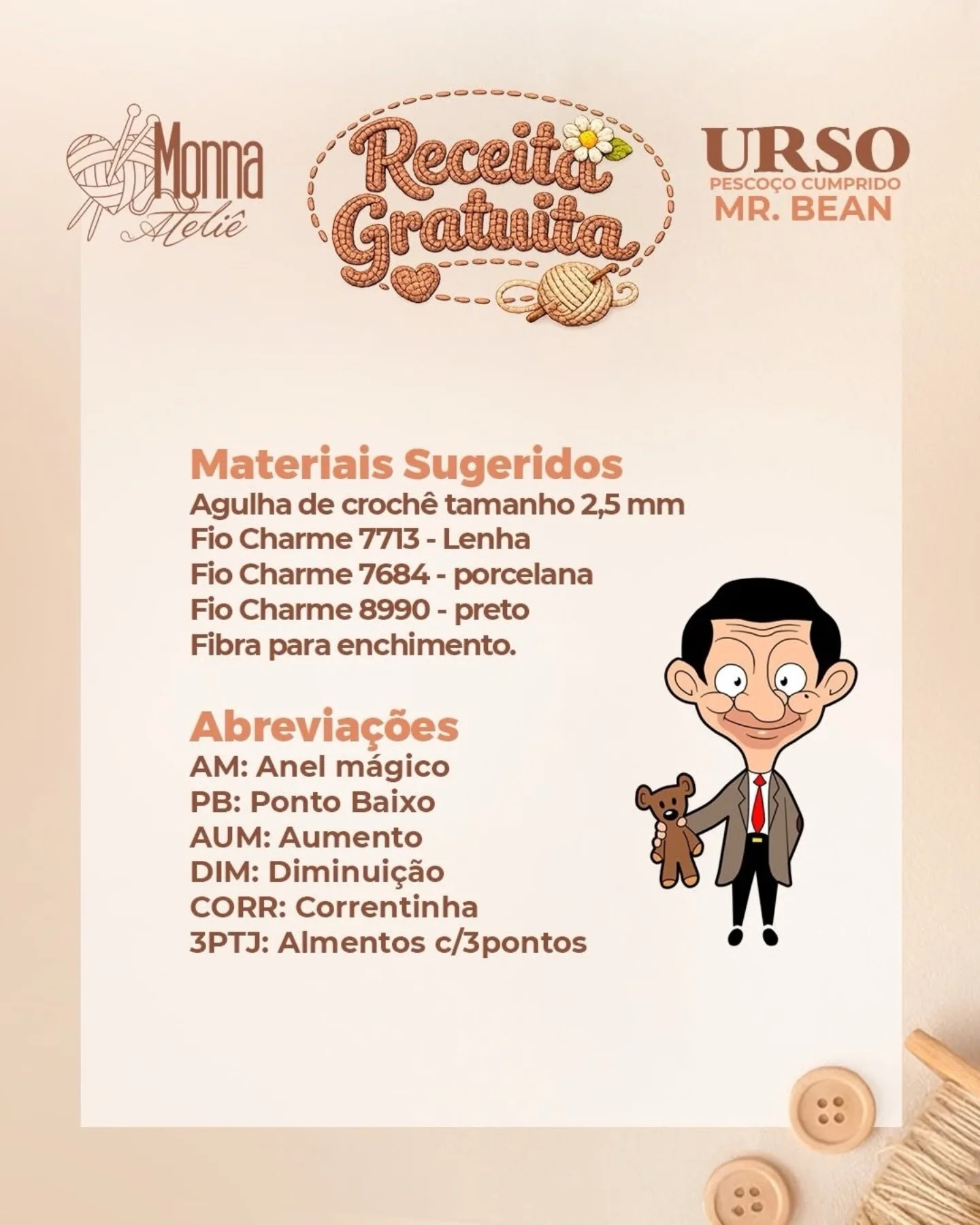 Receita Grátis Urso Mr. Bean Amigurumi - Gấu Cổ Dài Móc Len
