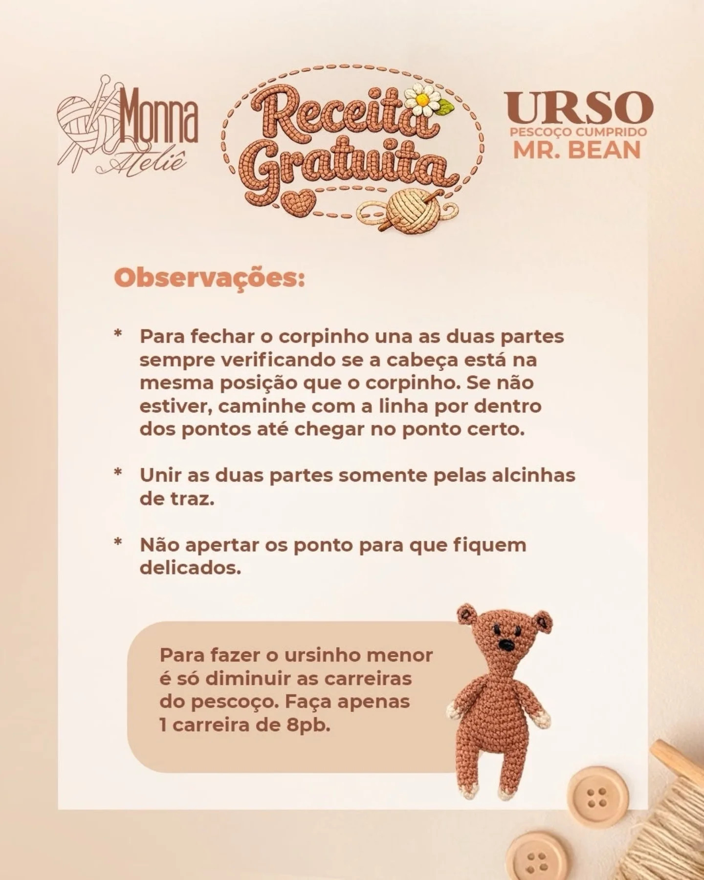 Receita Grátis Urso Mr. Bean Amigurumi - Gấu Cổ Dài Móc Len