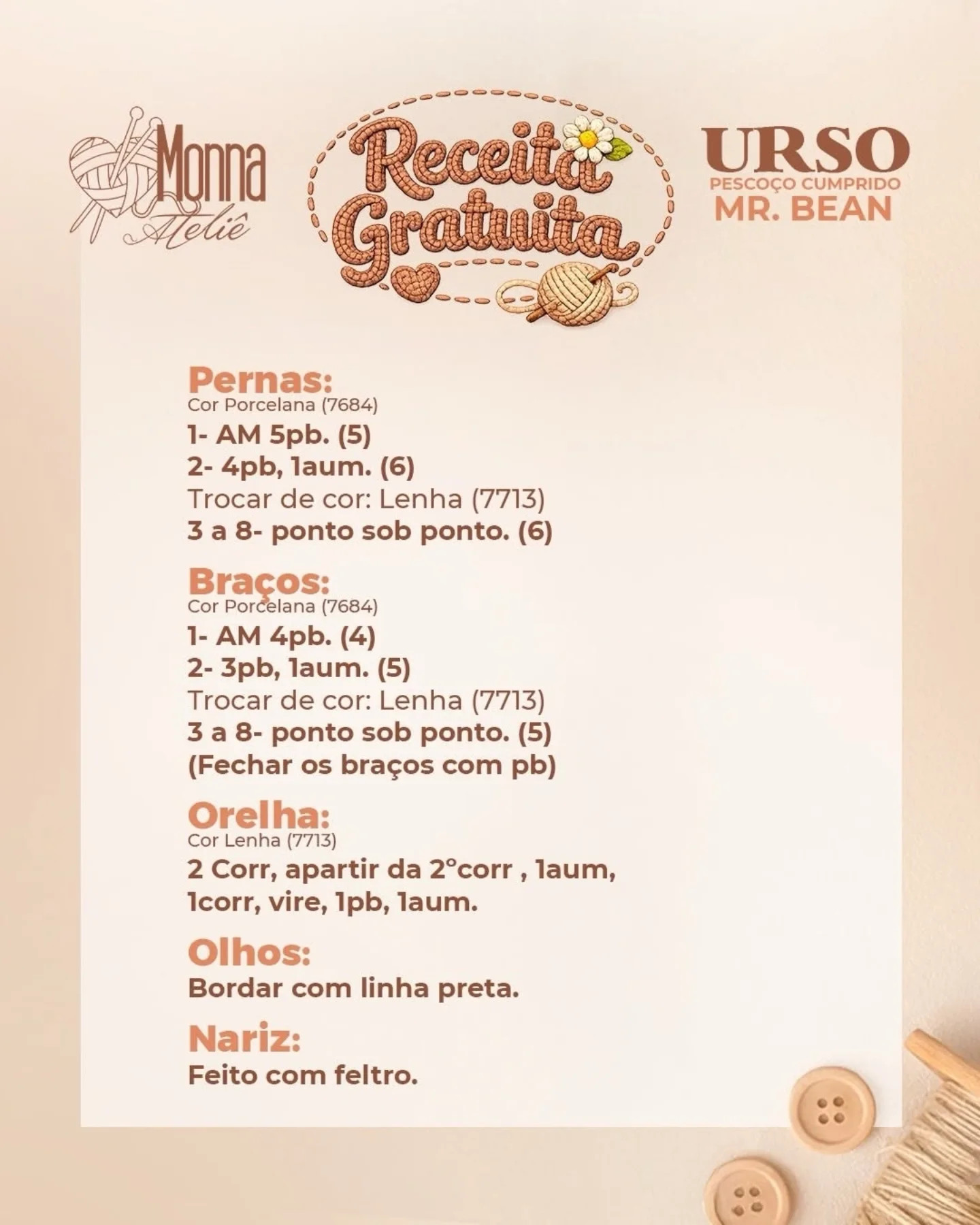 Receita Grátis Urso Mr. Bean Amigurumi - Gấu Cổ Dài Móc Len