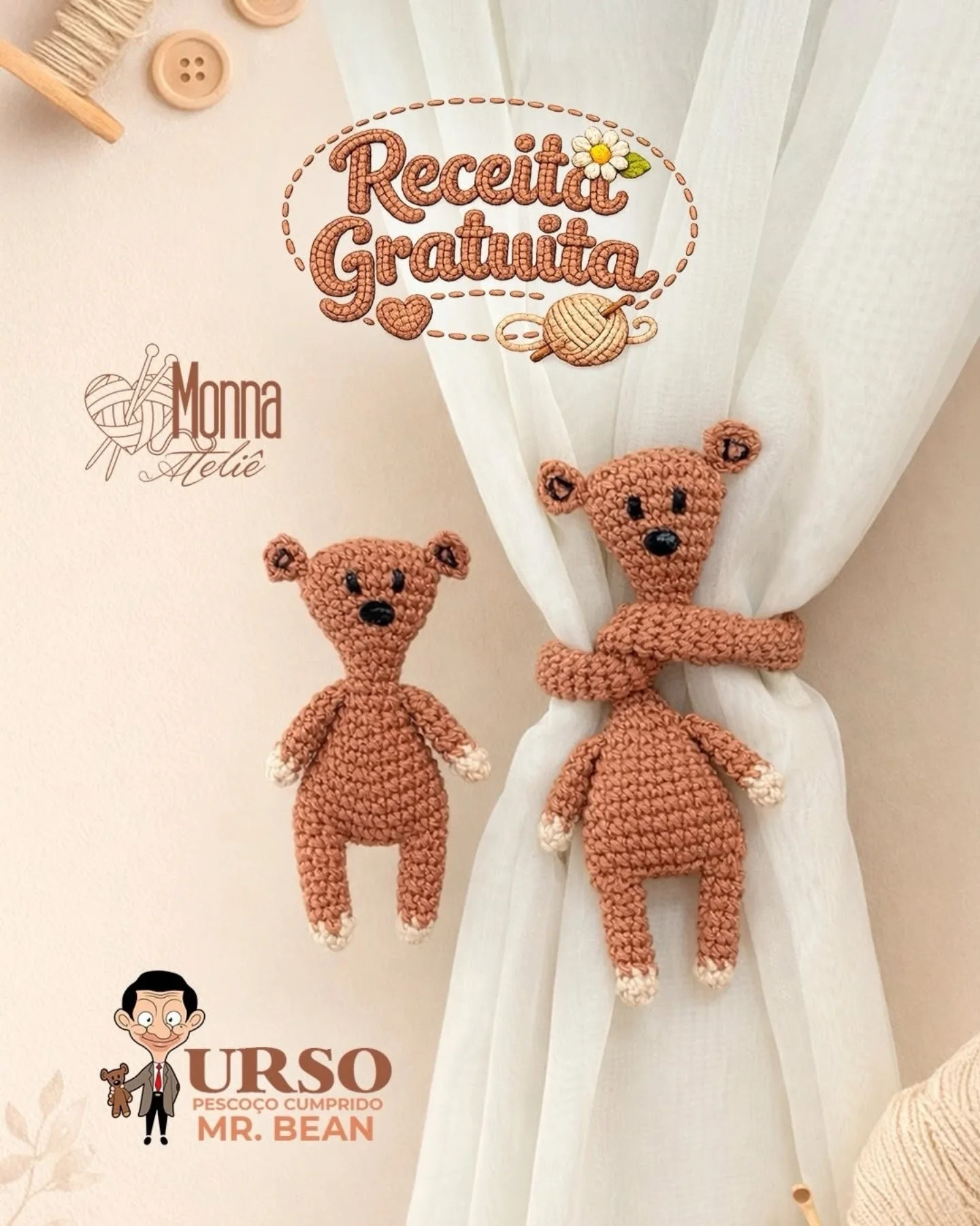 Receita Grátis Urso Mr. Bean Amigurumi - Gấu Cổ Dài Móc Len