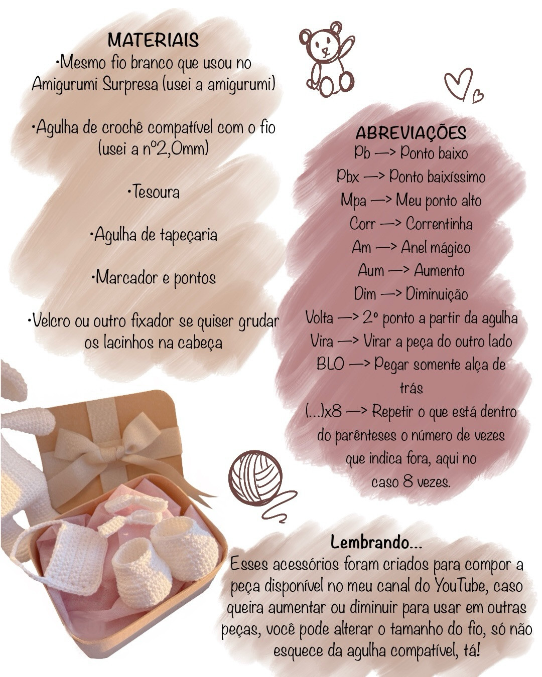 Receita Gratuita: Acessórios do Amigurumi Surpresa - Botinhas, Bolsinha e Lacinhas Brancas