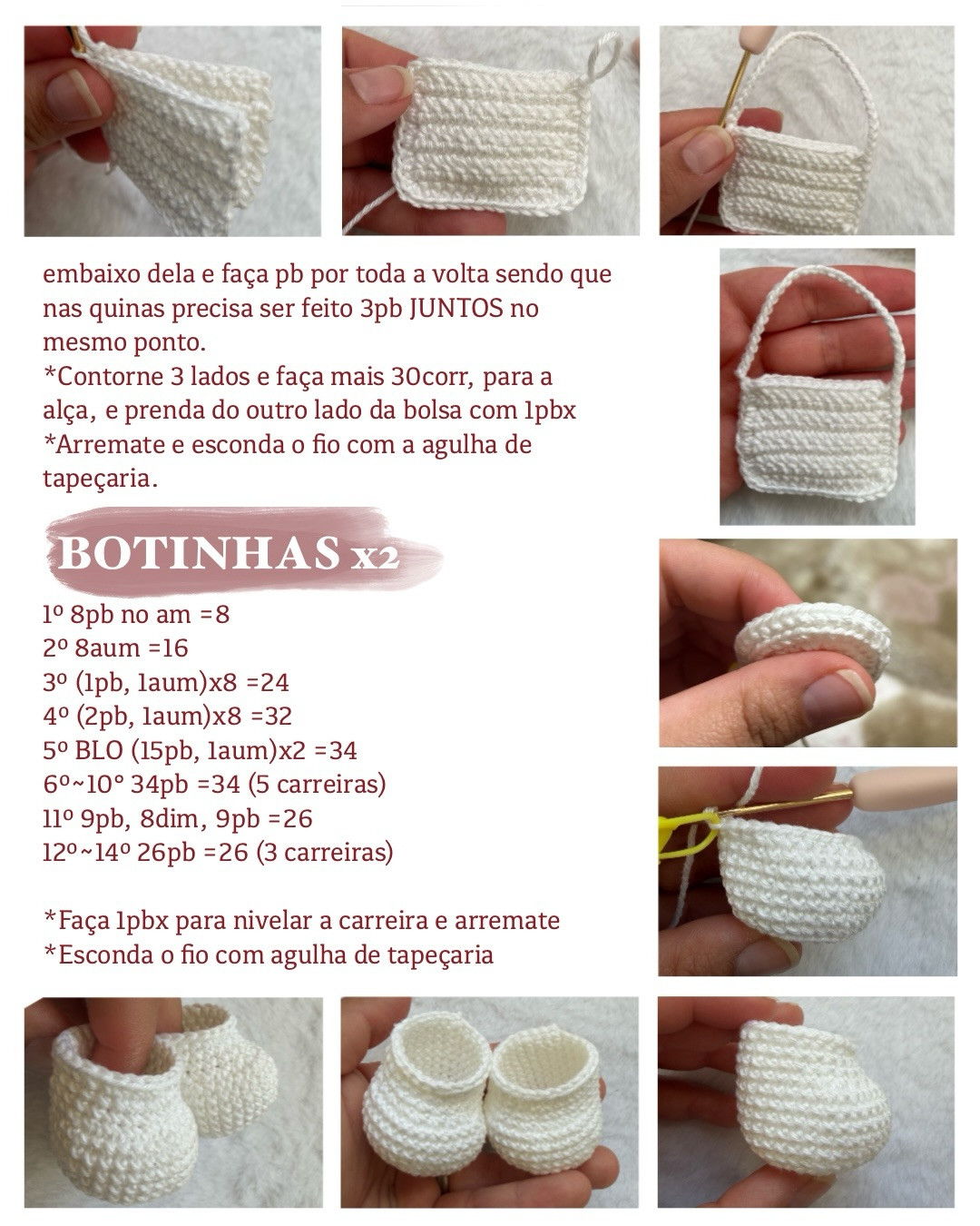 Receita Gratuita: Acessórios do Amigurumi Surpresa - Botinhas, Bolsinha e Lacinhas Brancas