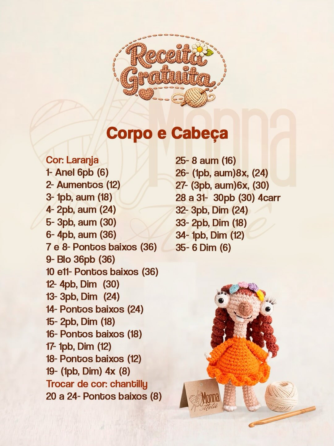 Receita Gratuita Amigurumi Namorada do Sid: Búp bê móc len mặc váy cam, tóc dài