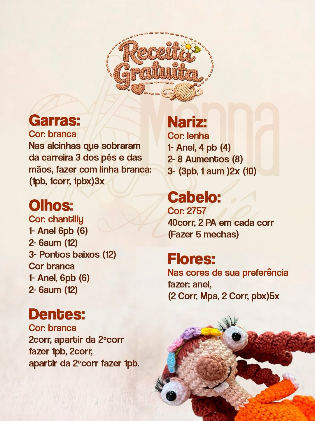 Receita Gratuita Amigurumi Namorada do Sid: Búp bê móc len mặc váy cam, tóc dài