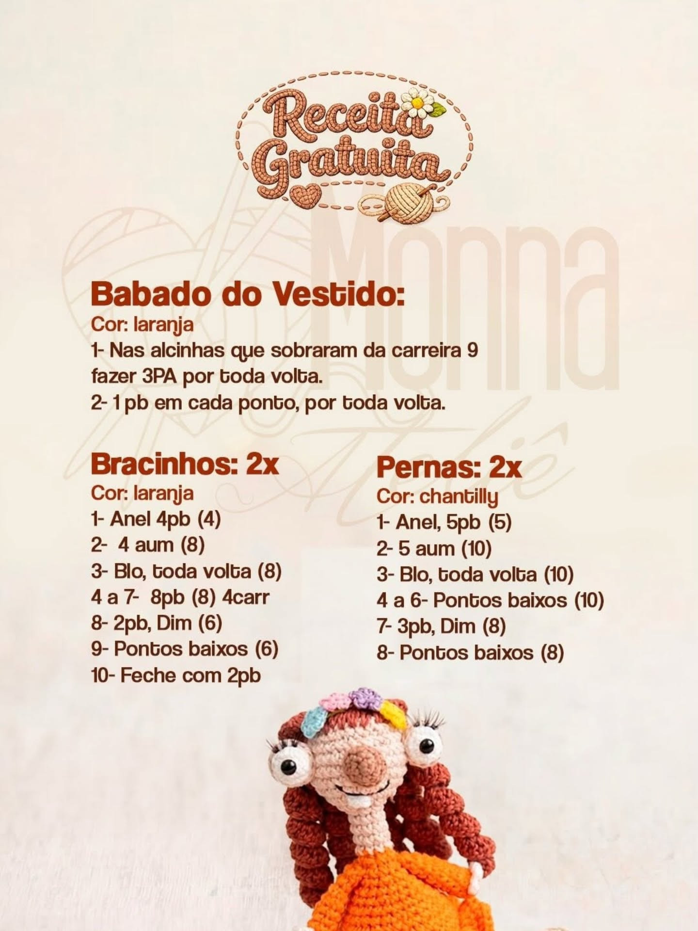 Receita Gratuita Amigurumi Namorada do Sid - Búp bê móc len mặc váy cam, tóc nâu