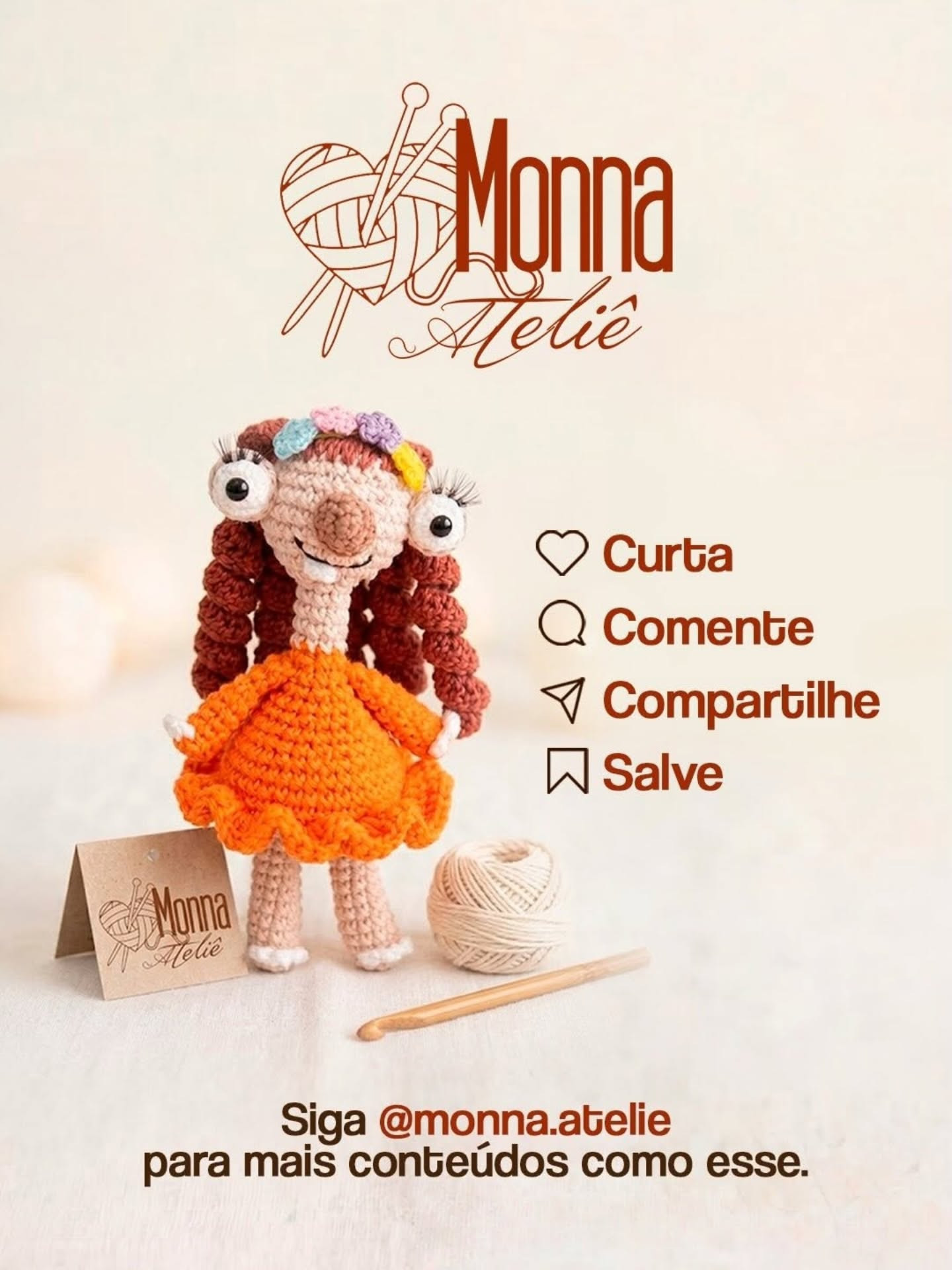 Receita Gratuita Amigurumi Namorada do Sid - Búp bê móc len mặc váy cam, tóc nâu