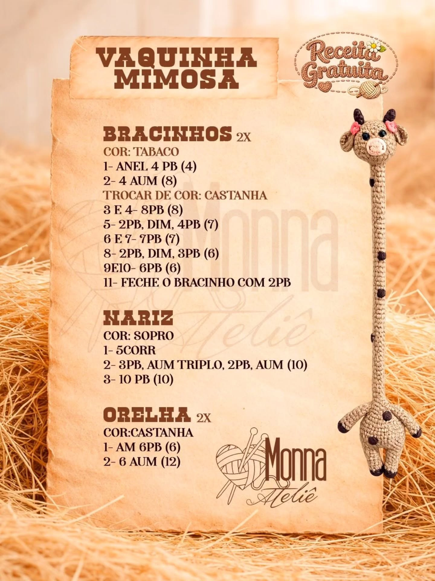 Receita Gratuita Amigurumi Vaquinha Mimosa - Crochet Pattern by Monna Ateliê