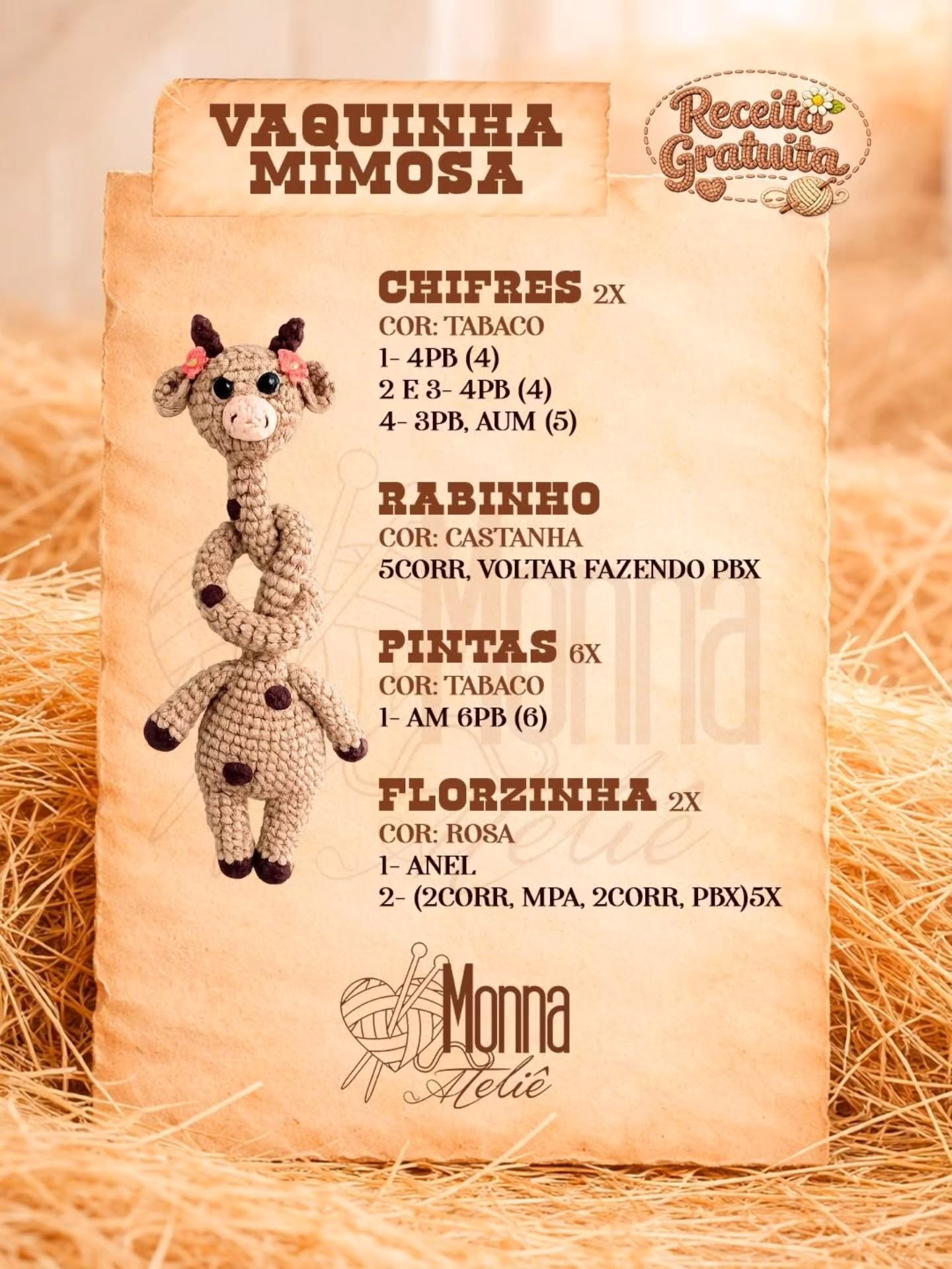 Receita Gratuita Amigurumi Vaquinha Mimosa - Crochet Pattern by Monna Ateliê