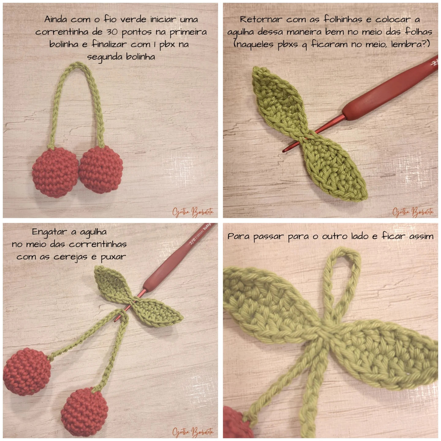 Receita Gratuita Cereja - Guia passo a passo para amigurumi cerejas vermelhas com folhas verdes