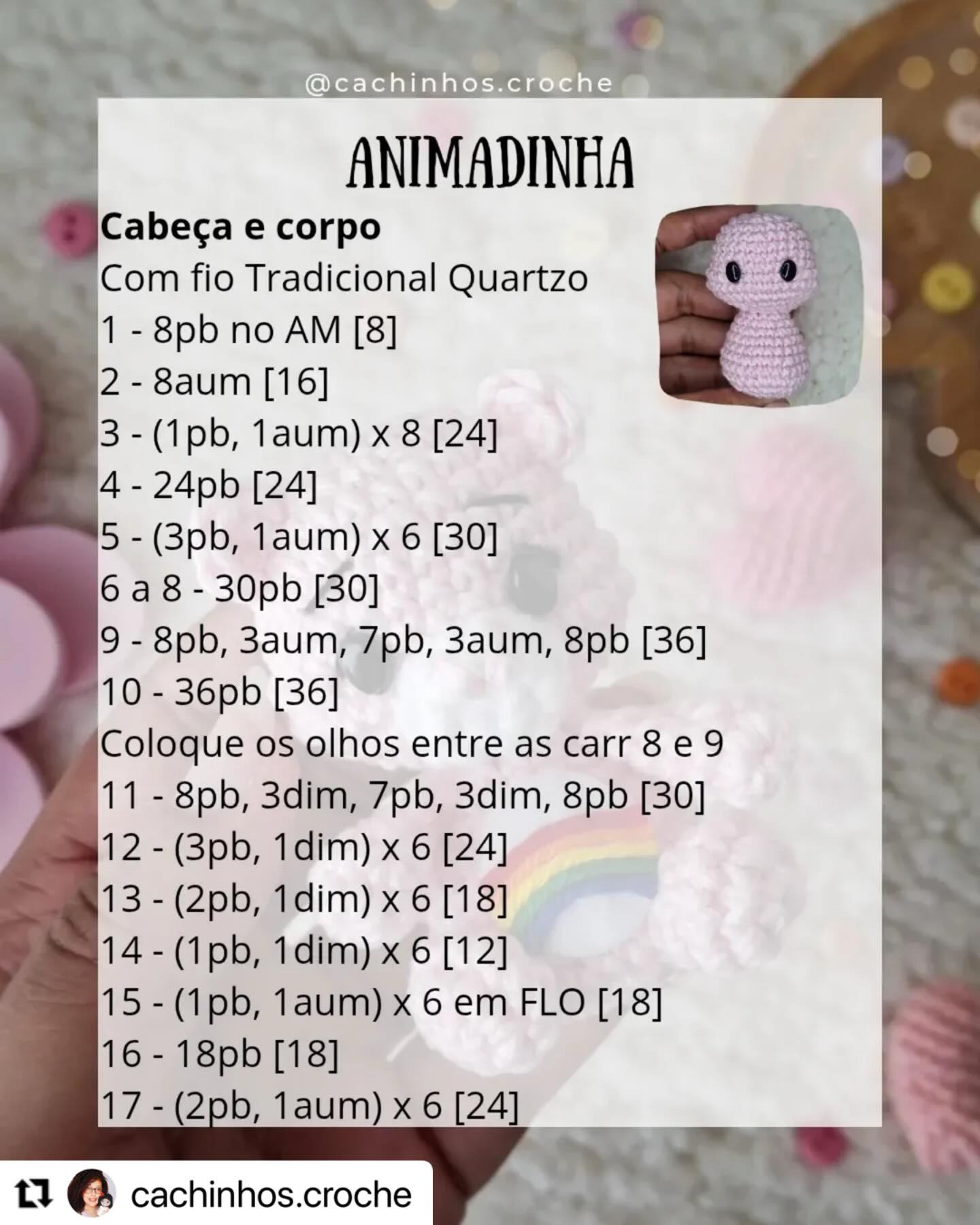 Receita gratuita de amigurumi gatinha rosa com arco-íris - Animadinha por Jéssica Sousa