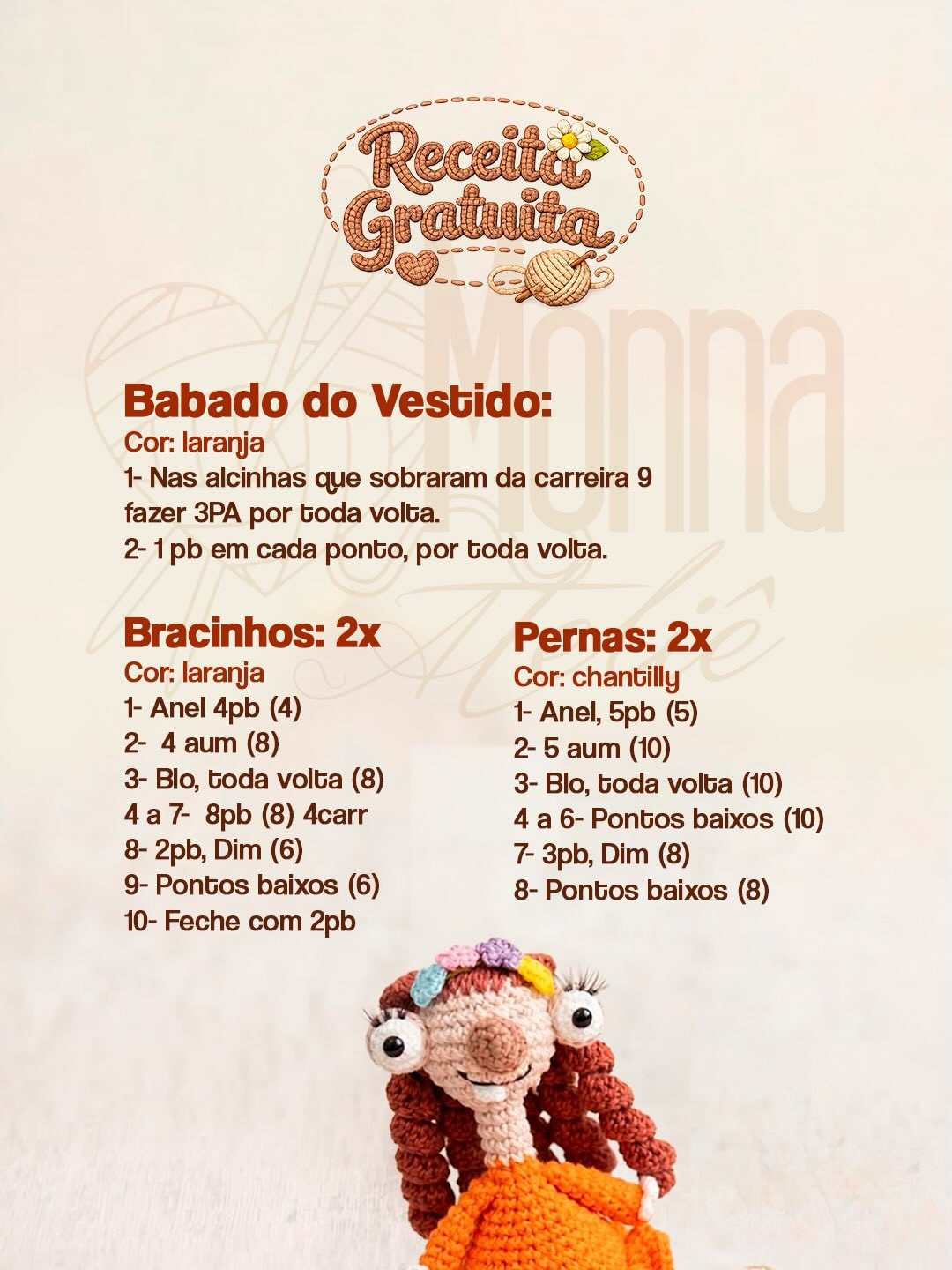 Receita Gratuita de Amigurumi: Namorada do Sid - Búp bê tóc dài mặc váy cam
