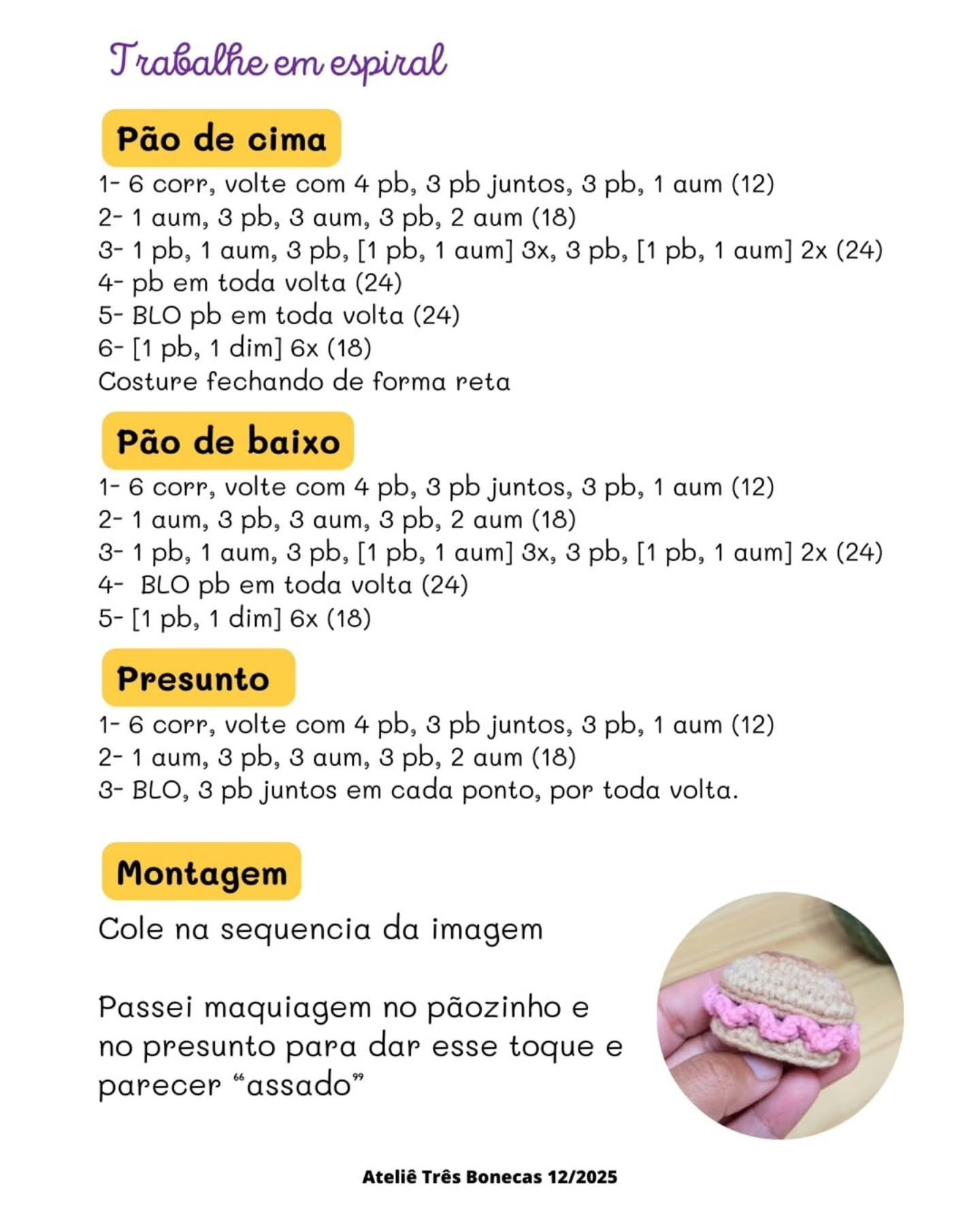 Receita Gratuita Sanduíche de Presunto - Amigurumi Miniatura