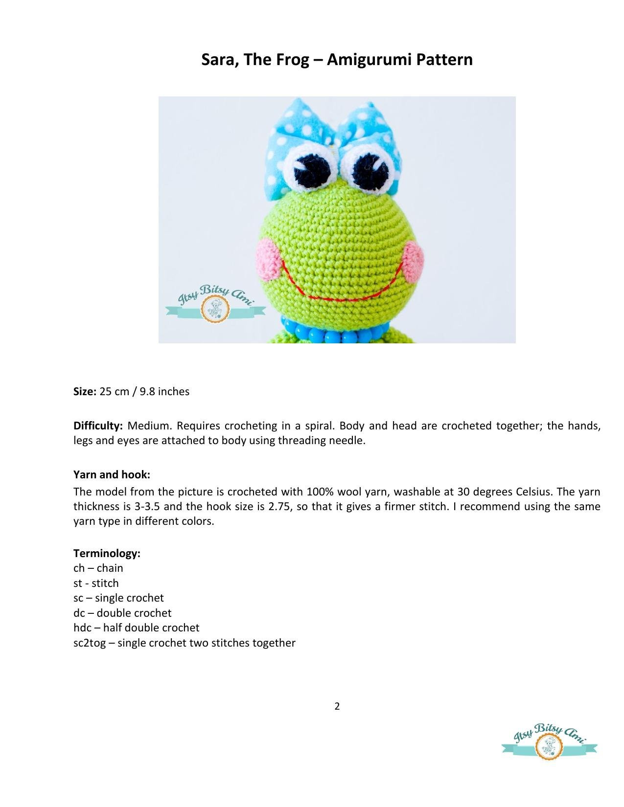 Sara The Frog Amigurumi Pattern - Crochet Doll with Blue Polka Dot Skirt and Bow