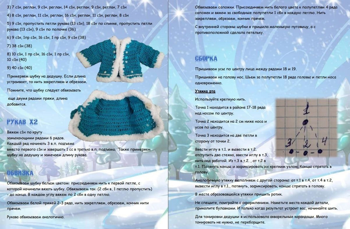 Schematic crochet pattern for Deda Moroz amigurumi doll with blue coat and white beard