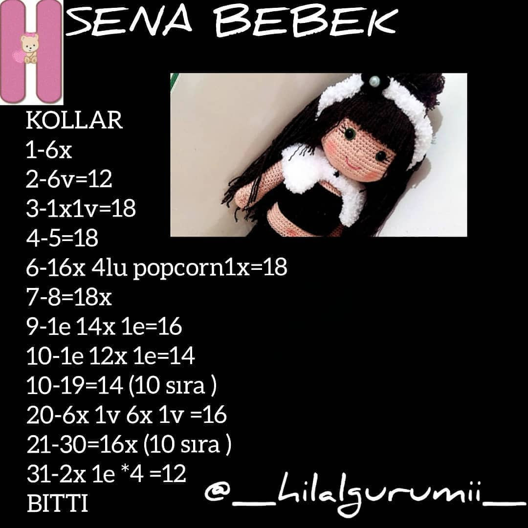 Sena Bebek - Búp bê móc len Sena với tóc đen, quần áo màu đen và trắng, kèm hướng dẫn chi tiết từng bước