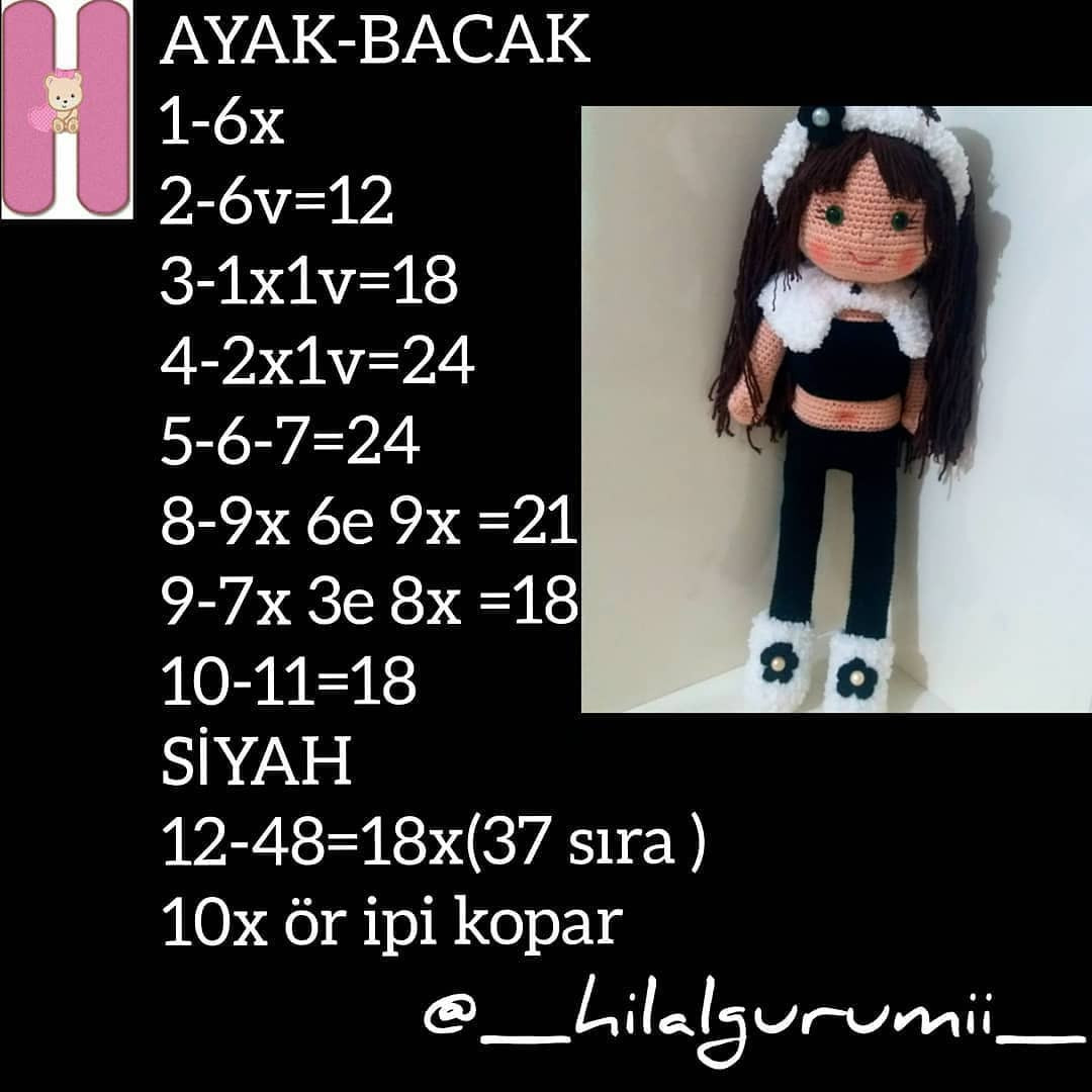 Sena Bebek - Búp bê móc len Sena với tóc đen, quần áo màu đen và trắng, kèm hướng dẫn chi tiết từng bước