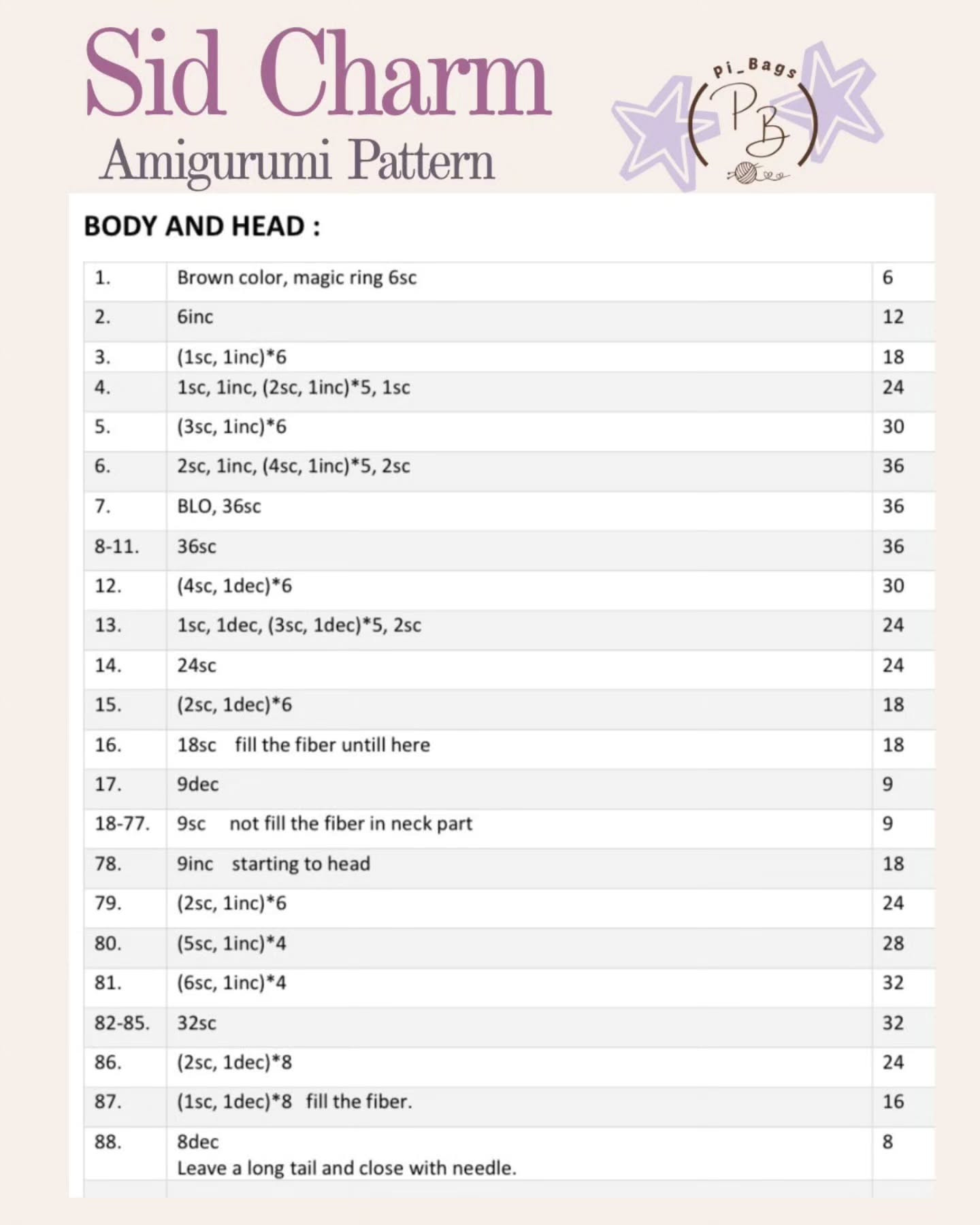 Sid Charm Amigurumi Pattern - English Free Chart by pi_Bags
