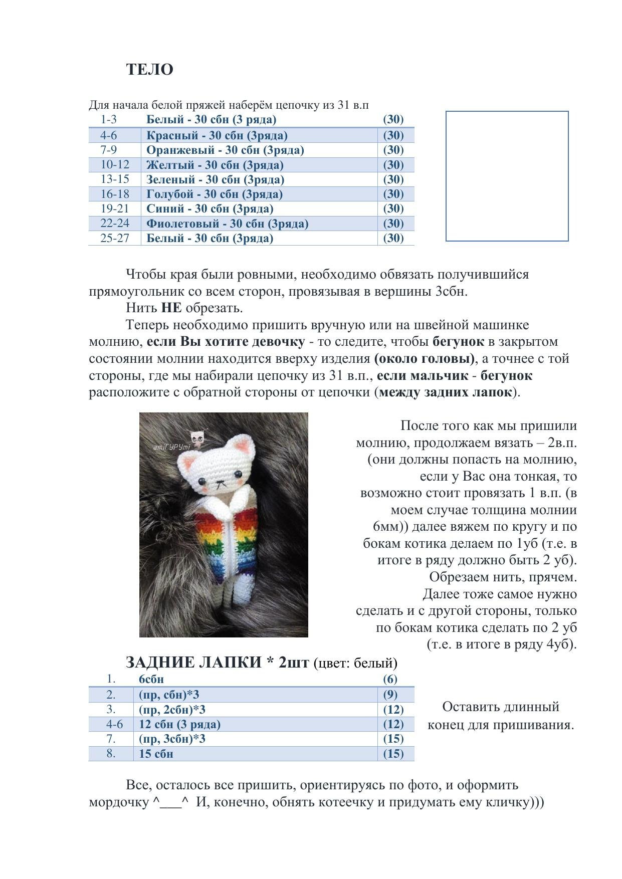Схема вязания амигуруми котёнка с разноцветным телом и молнией