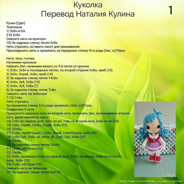 Схема вязания крючком куклы амигуруми с голубыми волосами и розовым платьем