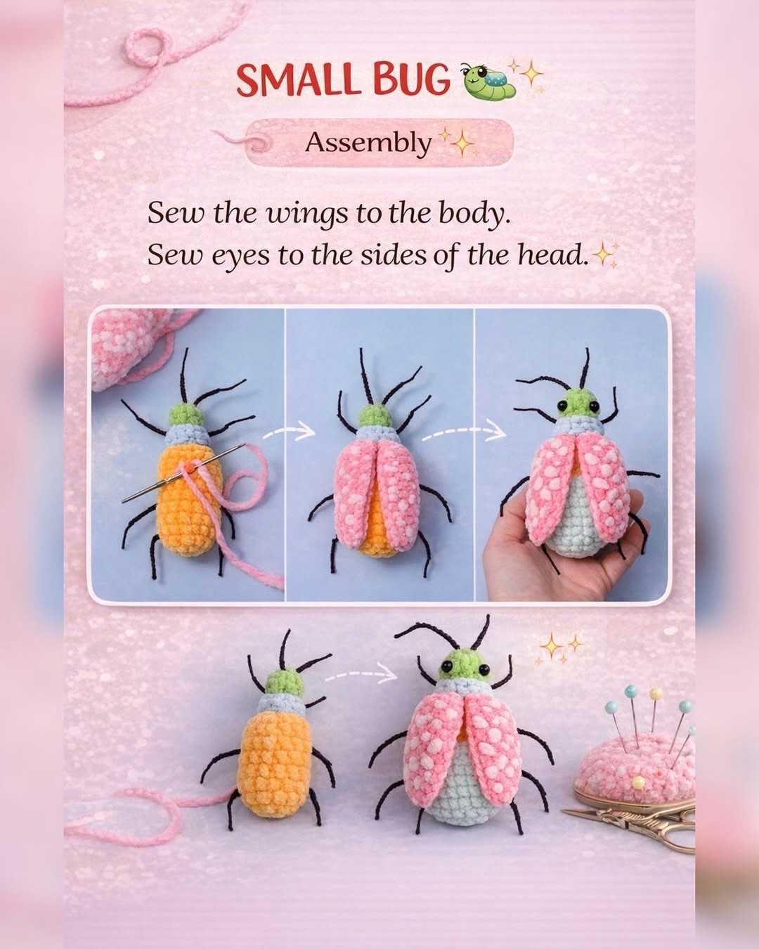 Small Bug free mini crochet pattern: cute amigurumi bug with pink wings, orange body, green head - beginner friendly tutorial
