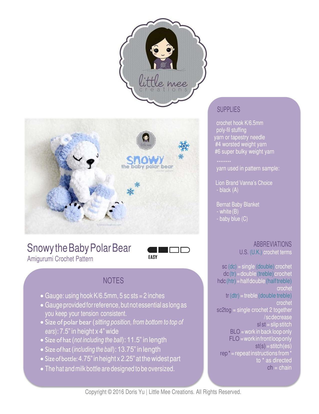 Snowy the Baby Polar Bear Amigurumi Crochet Pattern by Little Mee Creations
