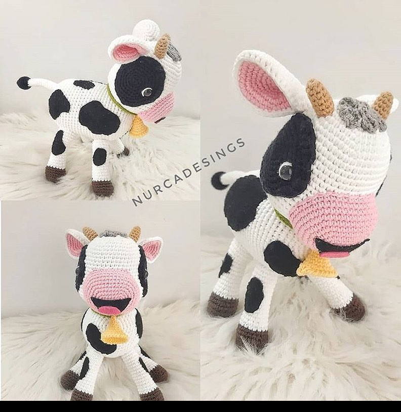 Sơ đồ móc len búp bê con bò sữa đen trắng dễ thương, hướng dẫn chi tiết phần đầu và mắt